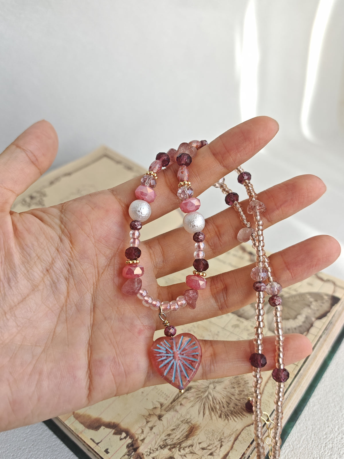 Happie Peppie One of a Kind Handstrung Czech Glass Necklace with Cotton Pearls, Romantic Pink Heart Charm