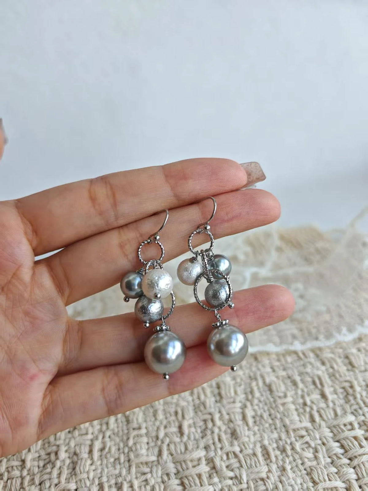 Happie Peppie | Grey Tahitian Style Cotton Pearl Drop Earrings, Multi Bead Dangle Earrings, Handmade Silver Tone Jewelry