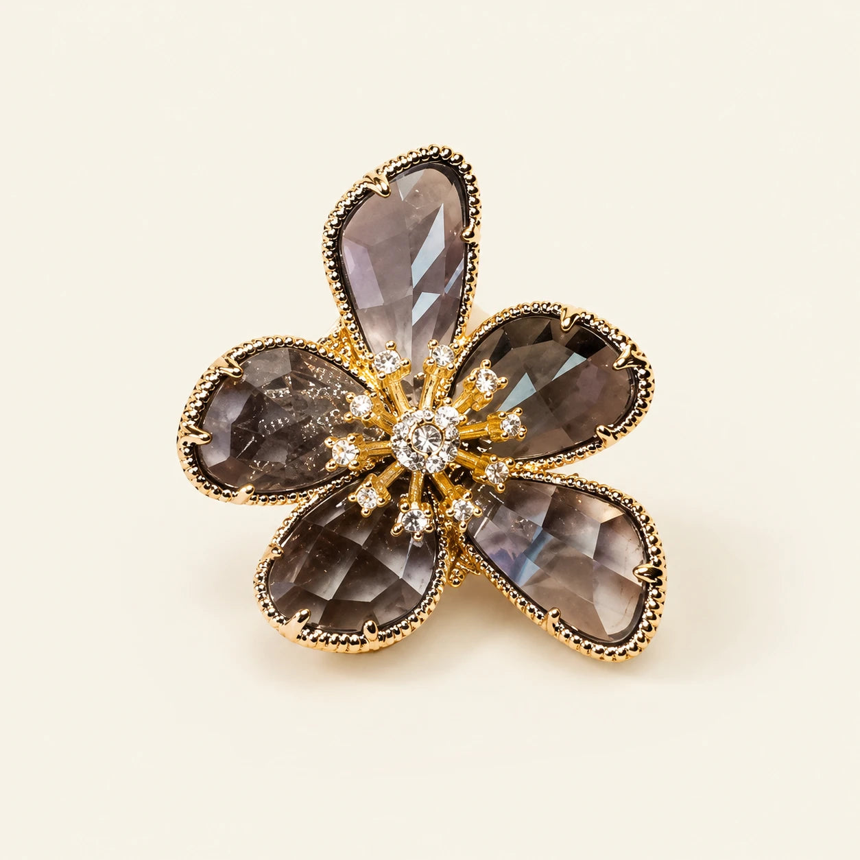 Champagne Gold Floral Crystal Statement Ring