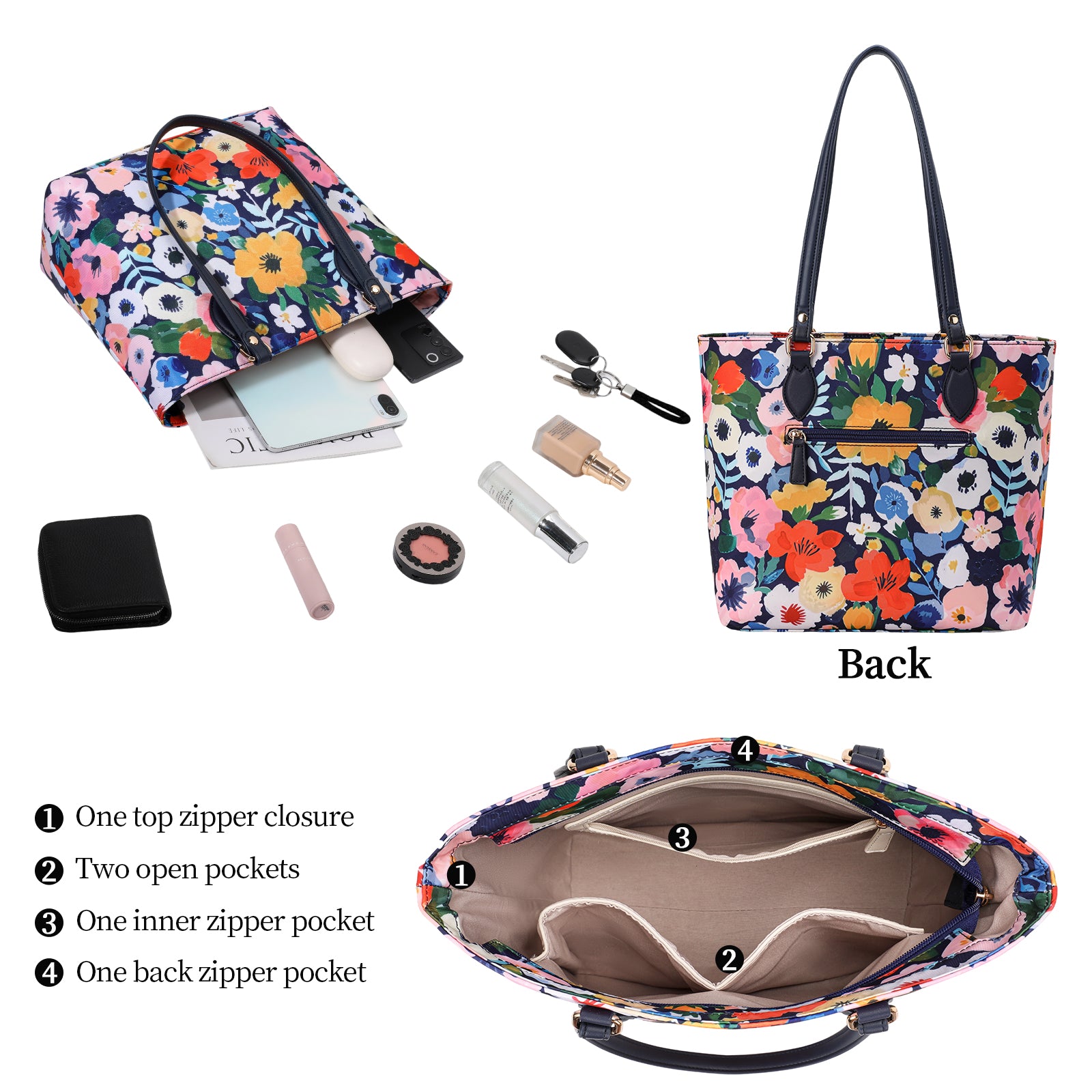 Cutie kittie tote bags for women, tote purse, nylon tote bag, with zipper and pockets, waterproof vivid