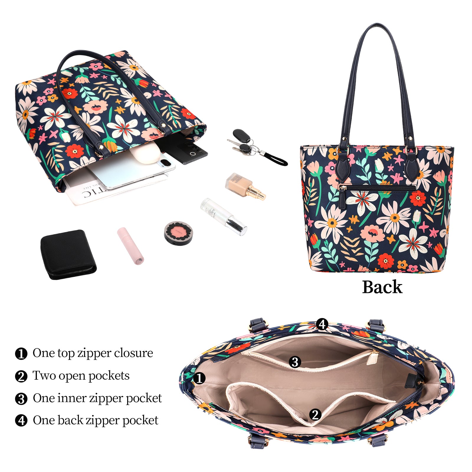 Cutie Kittie tote bags for women, tote purse, nylon tote bag, with zipper and pockets, waterproof