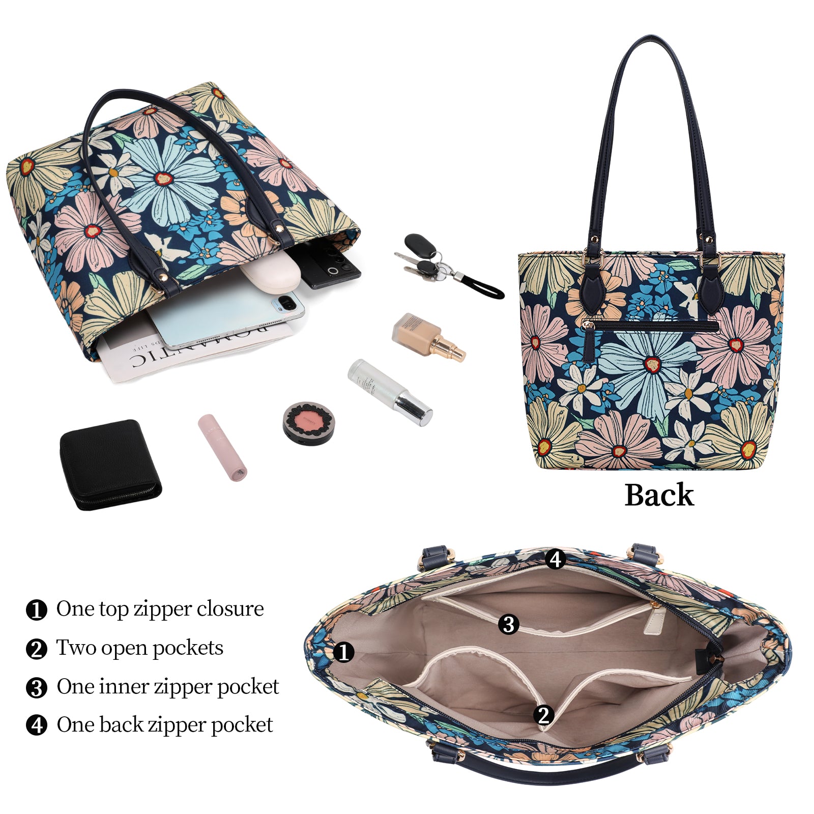 Cutie kittie tote bags for women, tote purse, nylon tote bag, with zipper and pockets, waterproof retro