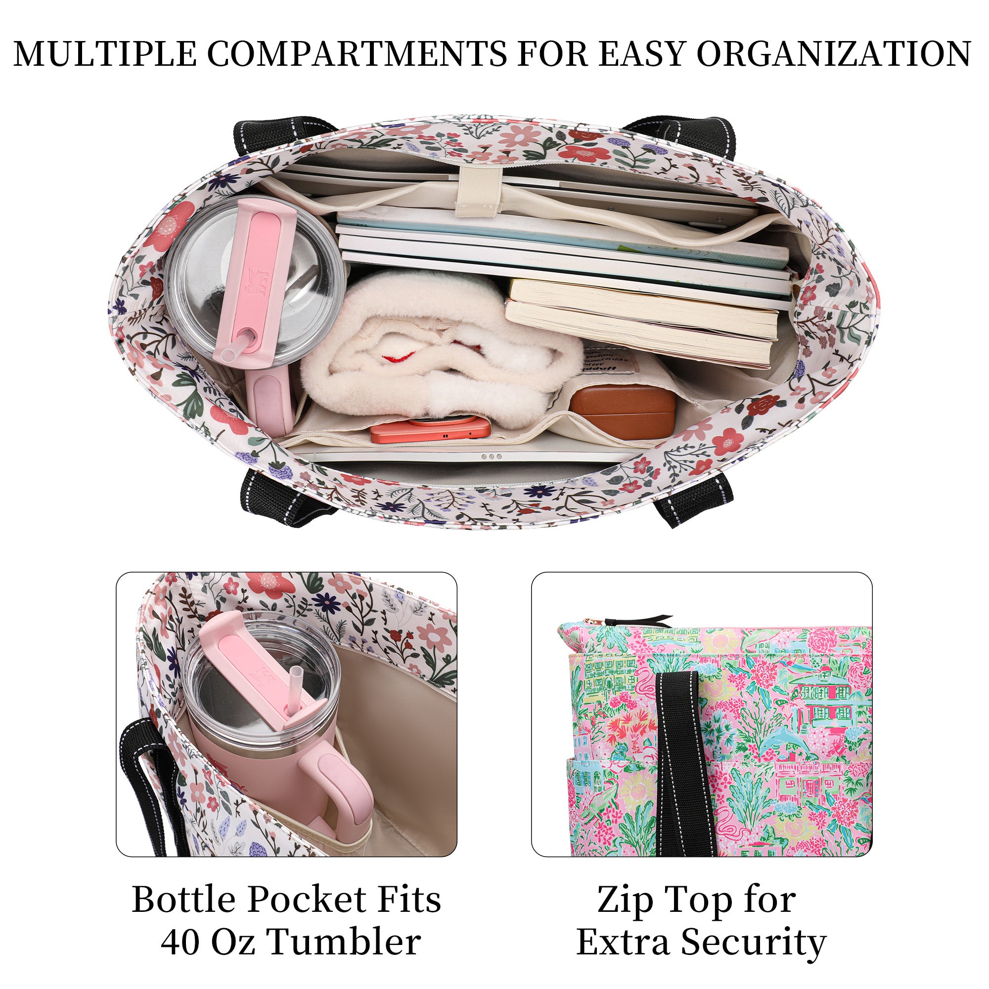 Happie Peppie Tote Bag for Women,Tote Bag with Laptop Compartment and Cup Holder,Shoulder Bag Handbag for Work, Travel, Gym, Nurse Teacher School ,with Multiple Pockets Top Zipper Closure
