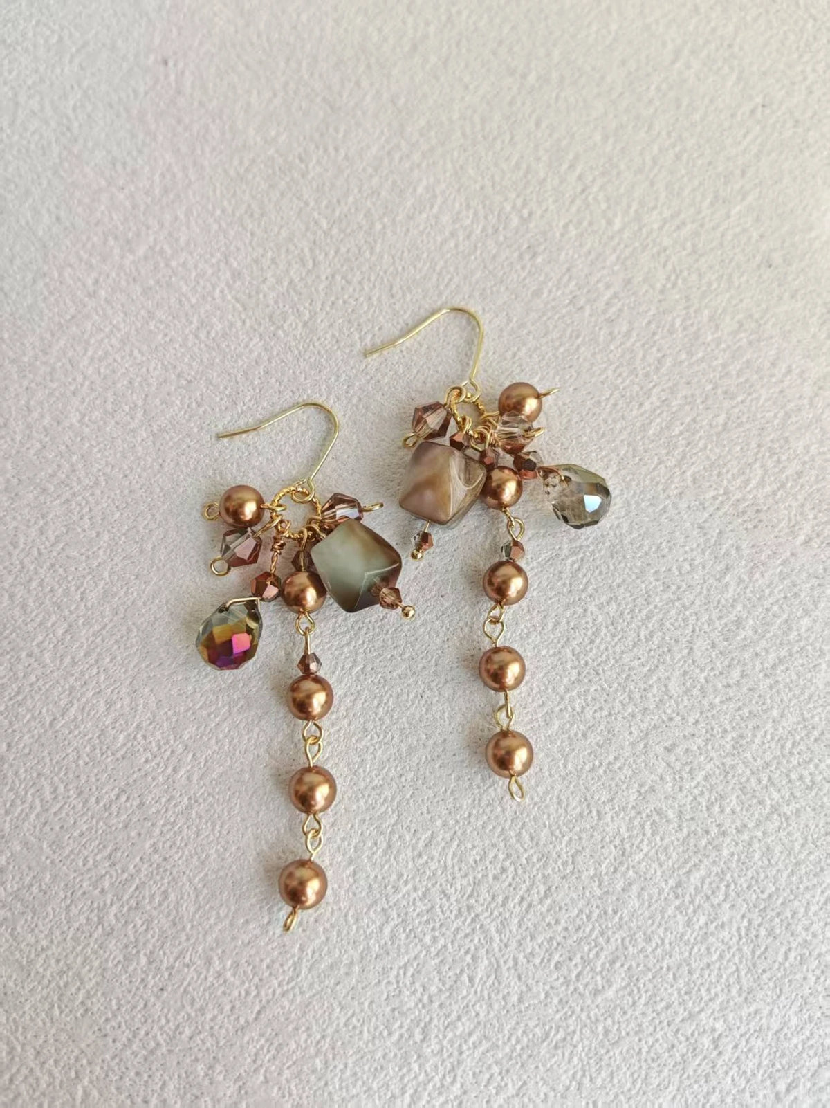 Happie Peppie Vintage Cat's Eye Bead Earrings | Brown Pearl & Glass Crystal Drop Earrings