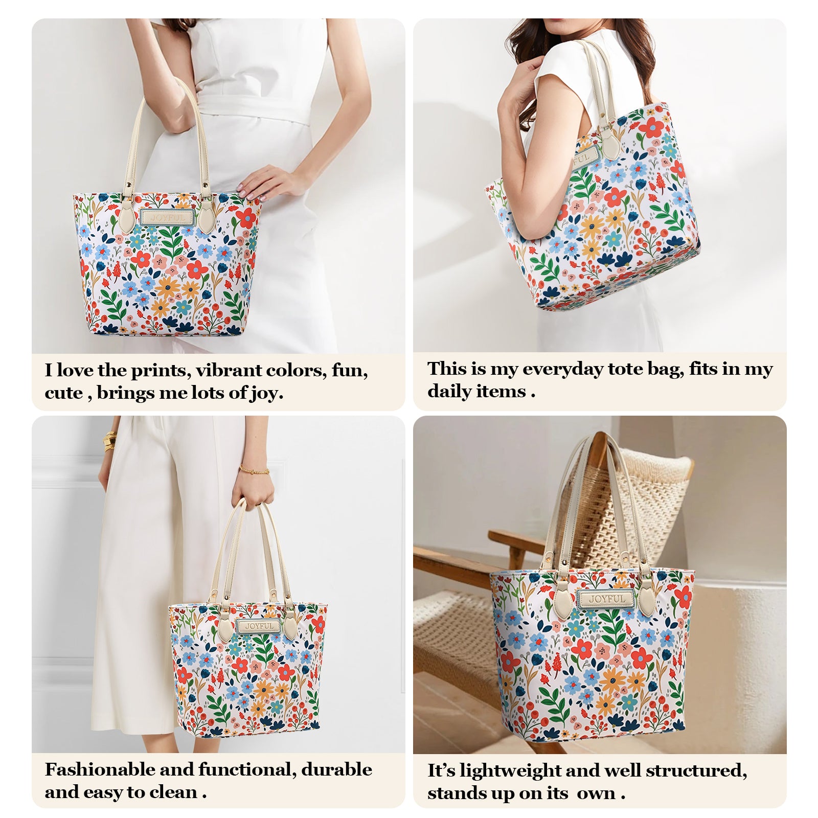 Cutie Kittie Tote bags for women, tote purse, nylon tote bag, with zipper and pockets, waterproof, lightweight,bloom