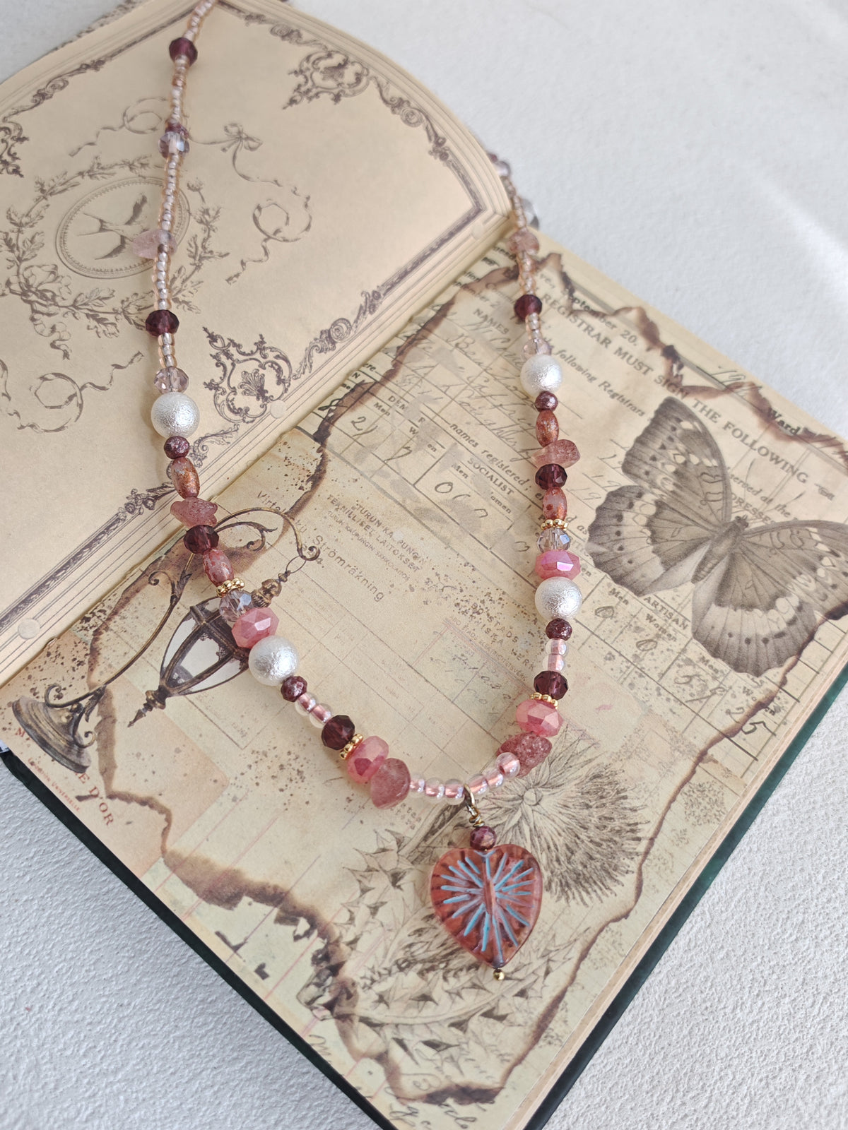 Happie Peppie One of a Kind Handstrung Czech Glass Necklace with Cotton Pearls, Romantic Pink Heart Charm