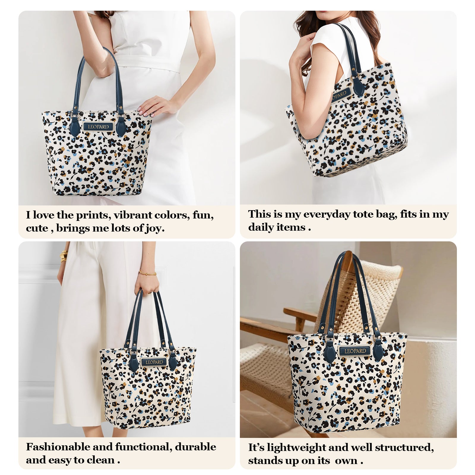 Cutie Kittie Tote bags for women, tote purse, nylon tote bag, with zipper and pockets, waterproof, lightweight,leopard