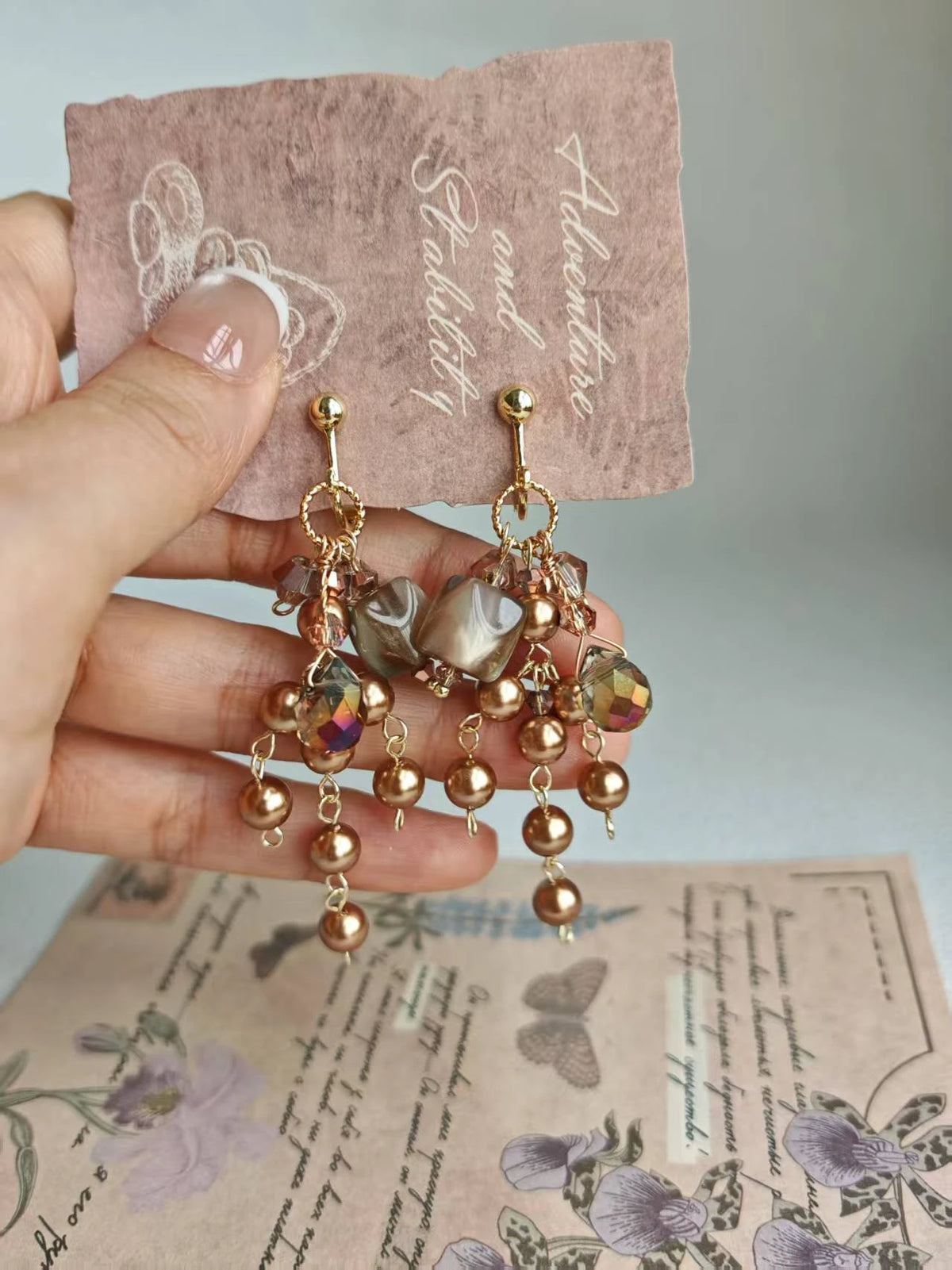 Happie Peppie Vintage Cat's Eye Bead Earrings | Brown Pearl & Glass Crystal Drop Earrings