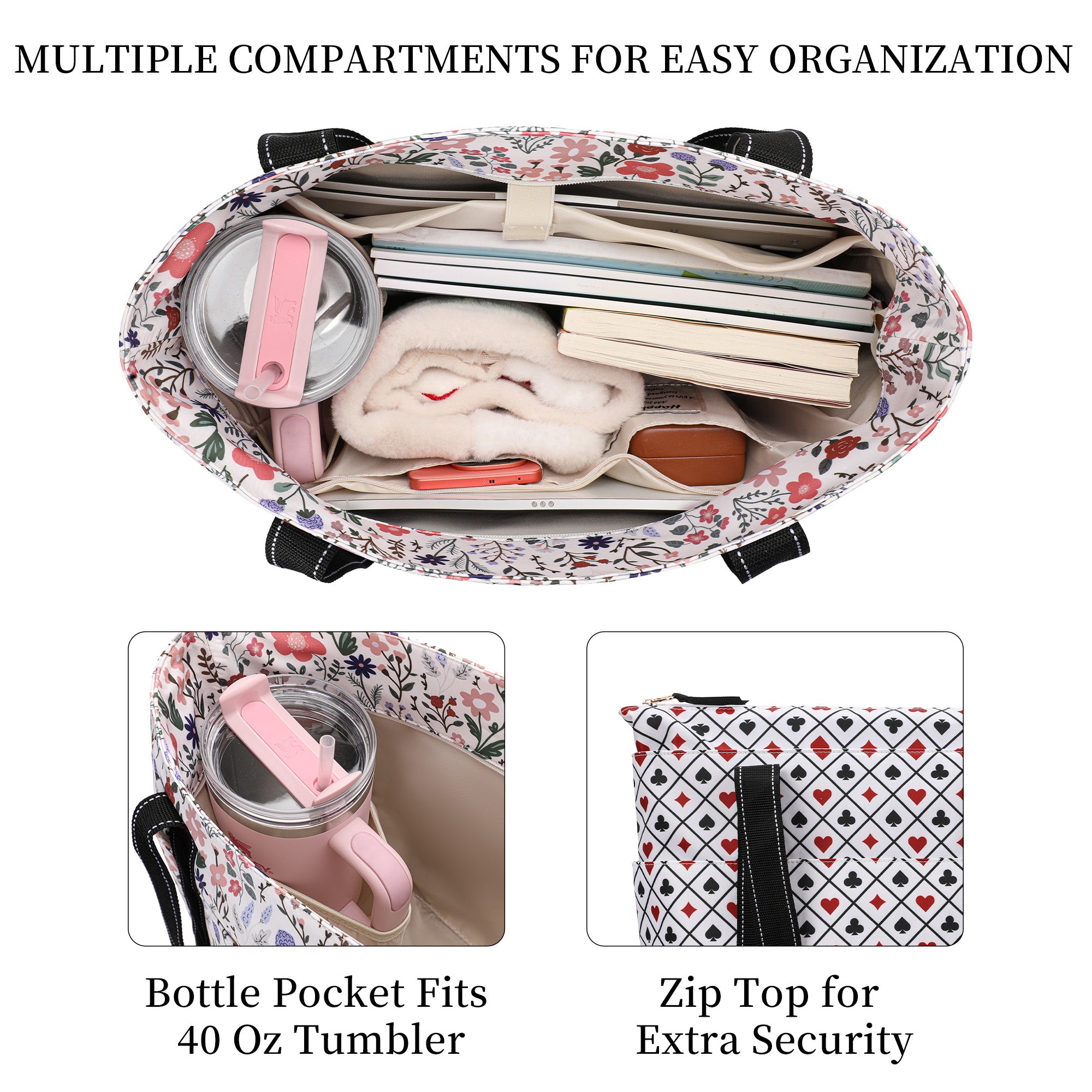 Happie Peppie Tote Bag for Women,Tote Bag with Laptop Compartment and Cup Holder,Shoulder Bag Handbag for Work, Travel, Gym, Nurse Teacher School ,with Multiple Pockets Top Zipper Closure