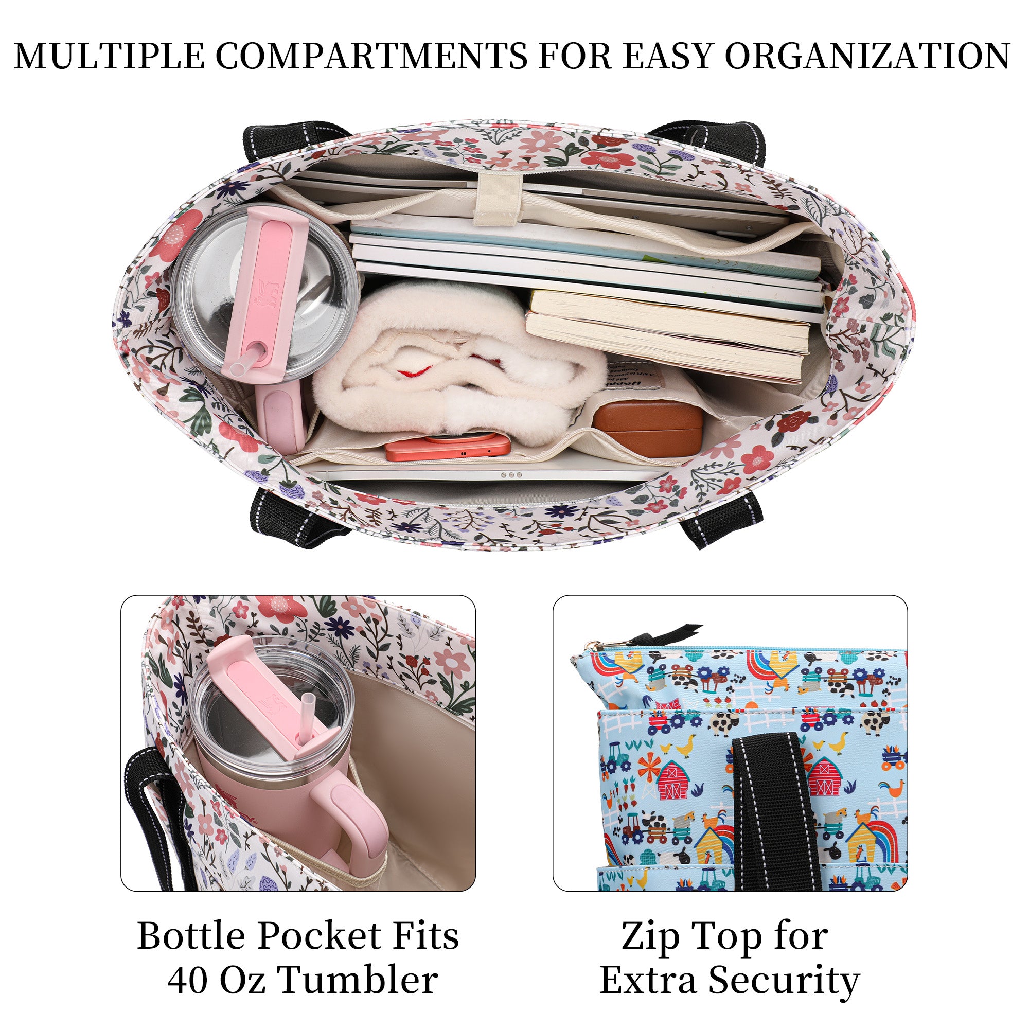 Happie Peppie Tote Bag for Women,Tote Bag with Laptop Compartment and Cup Holder,Shoulder Bag Handbag for Work, Travel, Gym, Nurse Teacher School ,with Multiple Pockets Top Zipper Closure