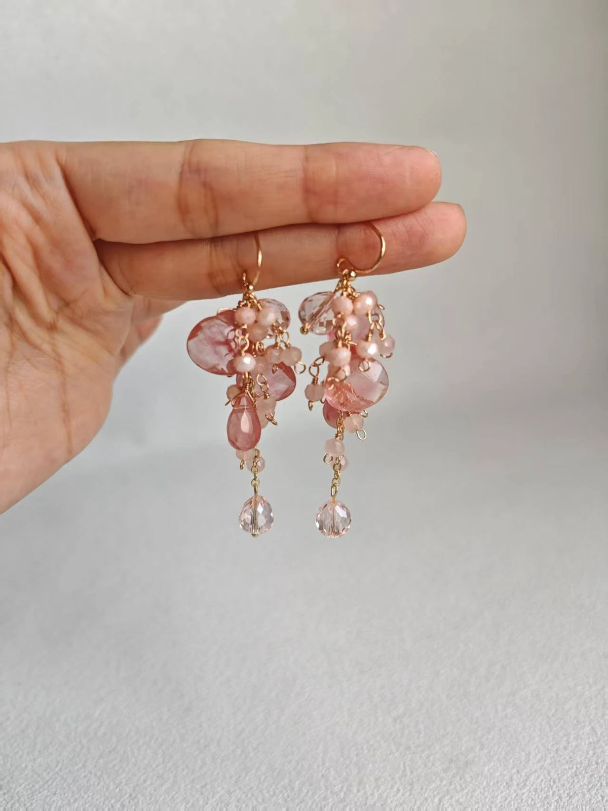 Happie Peppie Natural Pink Quartz Cluster Earrings | Watermelon Quartz & Red Rutilated Crystal Drop Earrings