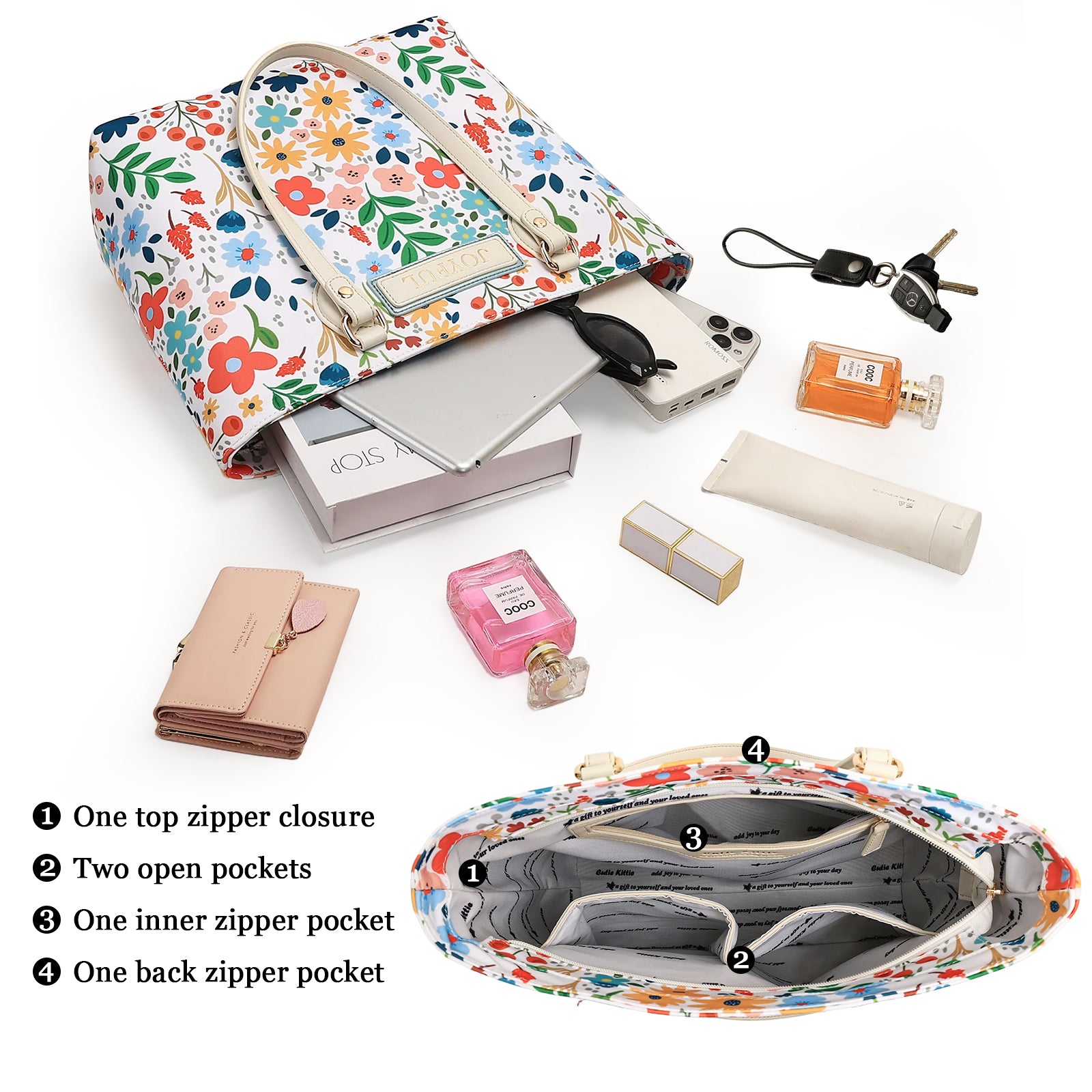 Cutie Kittie Tote bags for women, tote purse, nylon tote bag, with zipper and pockets, waterproof, lightweight,bloom