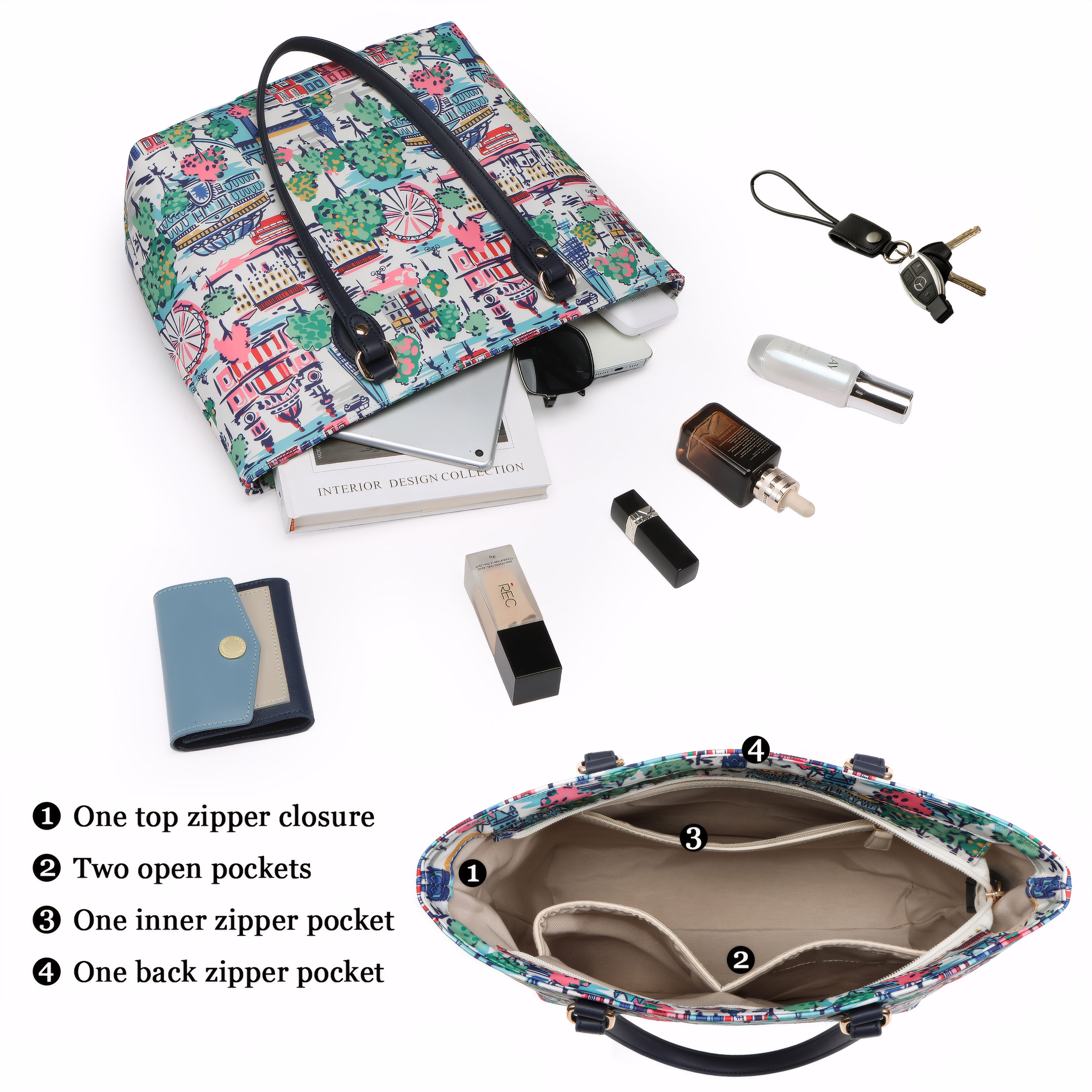 Cutie Kittie Tote bags for women, tote purse, nylon tote bag, with zipper and pockets, waterproof, lightweight,London