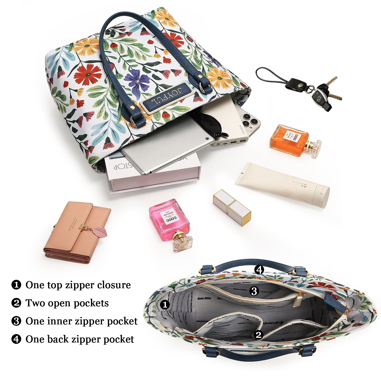 Cutie Kittie Tote bags for women, tote purse, nylon tote bag, with zipper and pockets, waterproof, lightweight,Watercolor