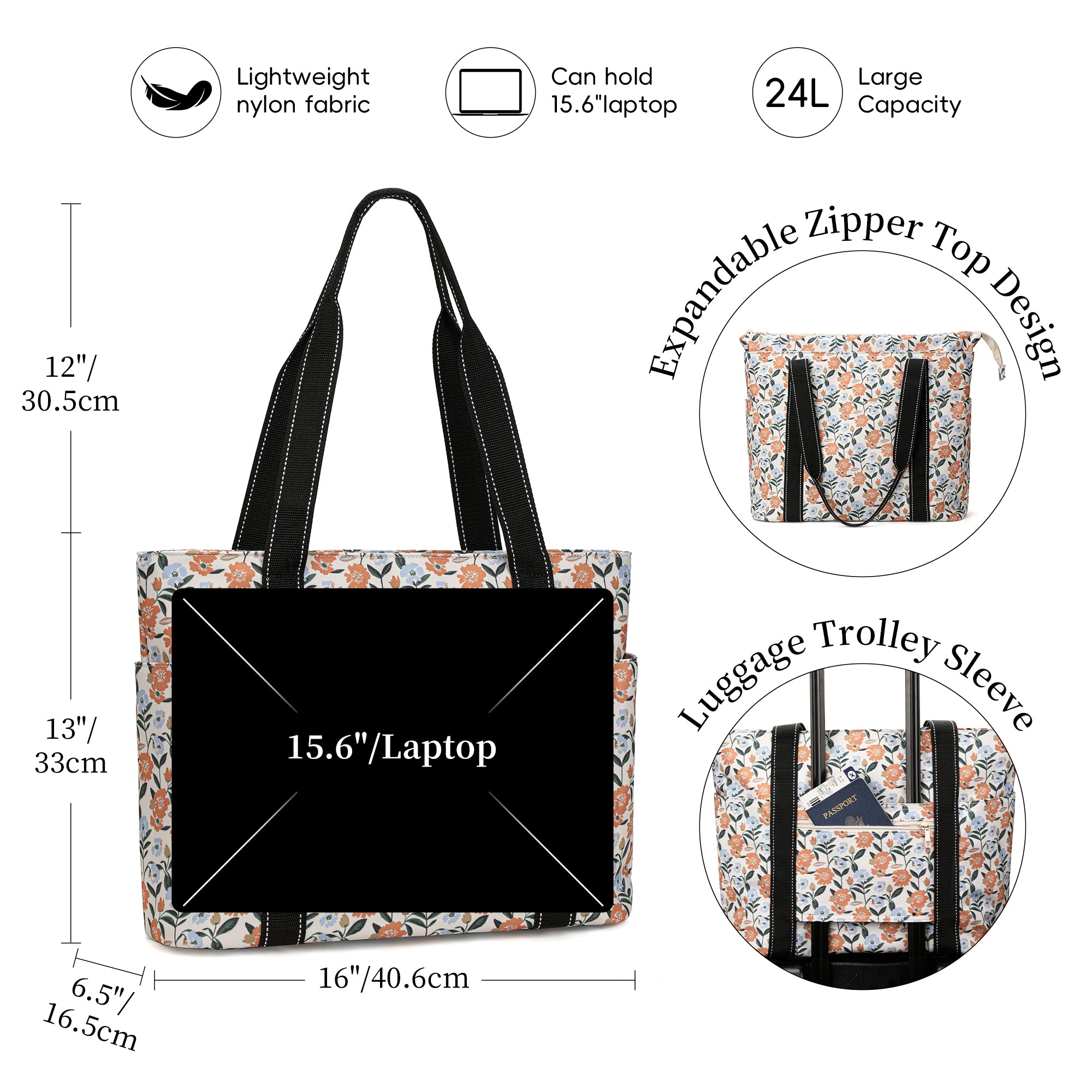 Tote Bag for Women with Laptop Compartment & Cup Holder,Nylon Bag for Work,Travel,Gym,Beach,Teacher,Nurse,School,Mom