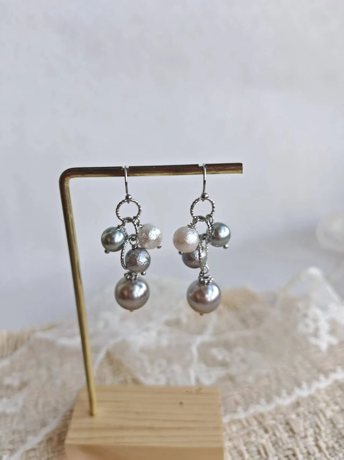 Happie Peppie | Grey Tahitian Style Cotton Pearl Drop Earrings, Multi Bead Dangle Earrings, Handmade Silver Tone Jewelry