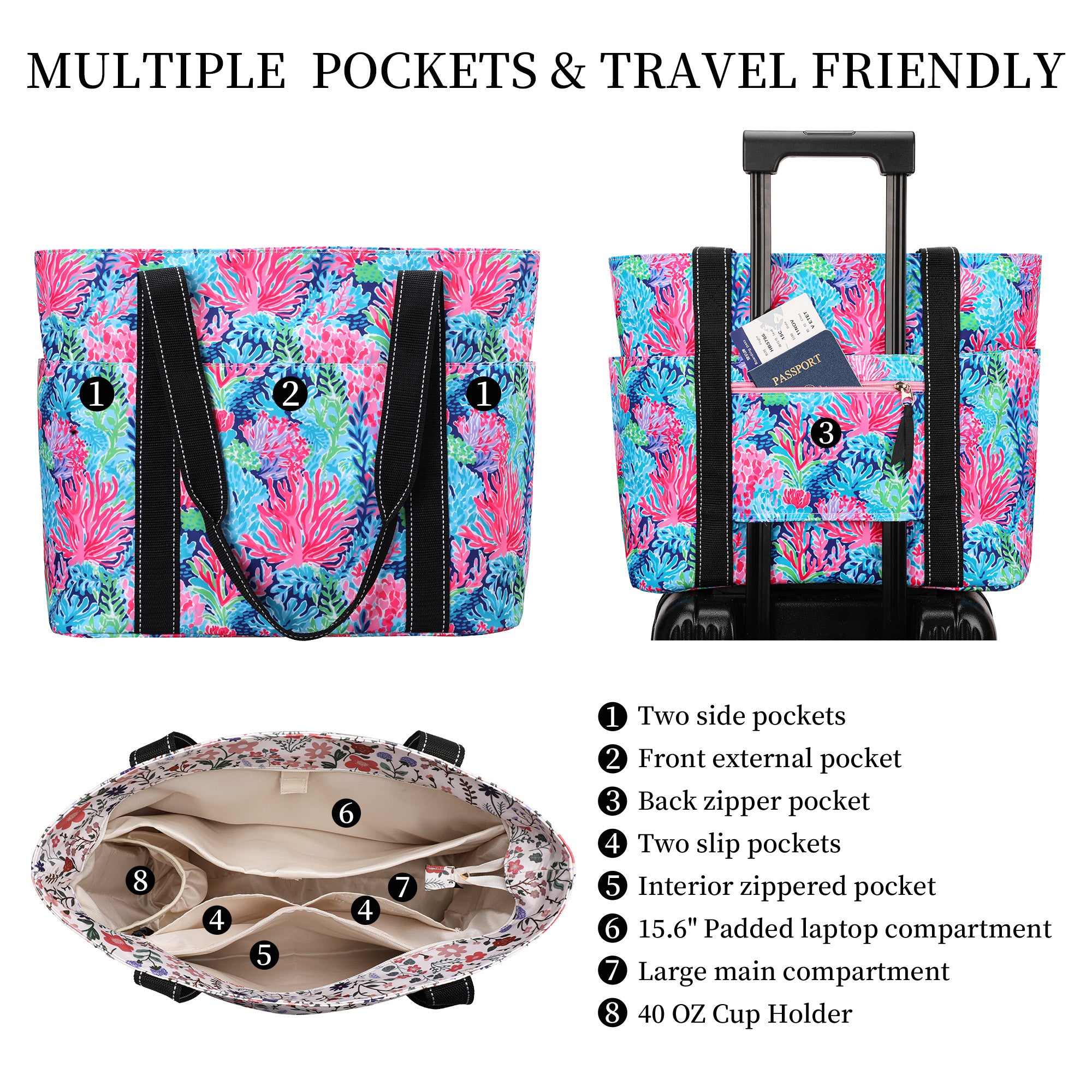 Happie Peppie Tote Bag for Women,Tote Bag with Laptop Compartment and Cup Holder,Shoulder Bag Handbag for Work, Travel, Gym, Nurse Teacher School ,with Multiple Pockets Top Zipper Closure