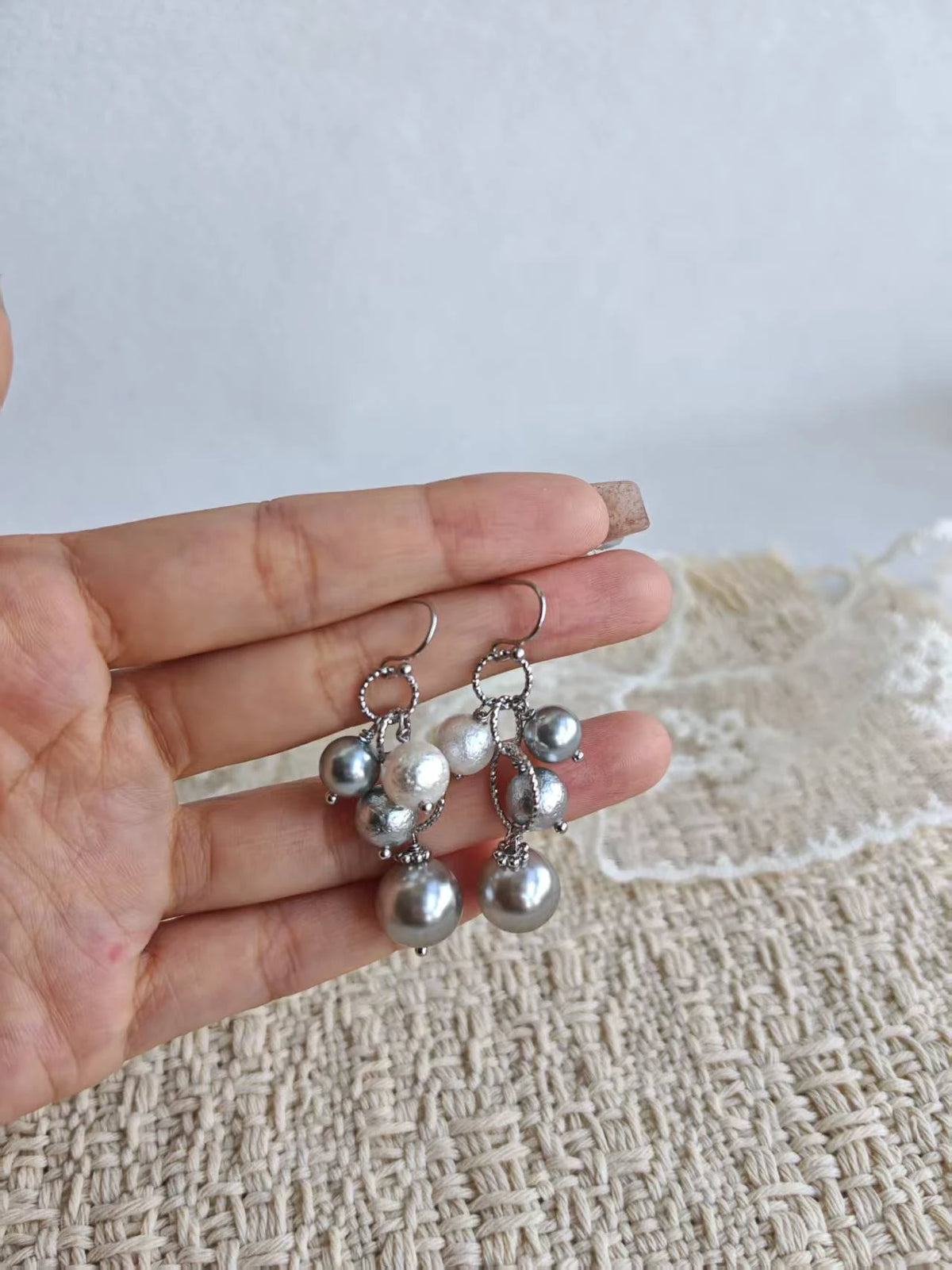 Happie Peppie | Grey Tahitian Style Cotton Pearl Drop Earrings, Multi Bead Dangle Earrings, Handmade Silver Tone Jewelry