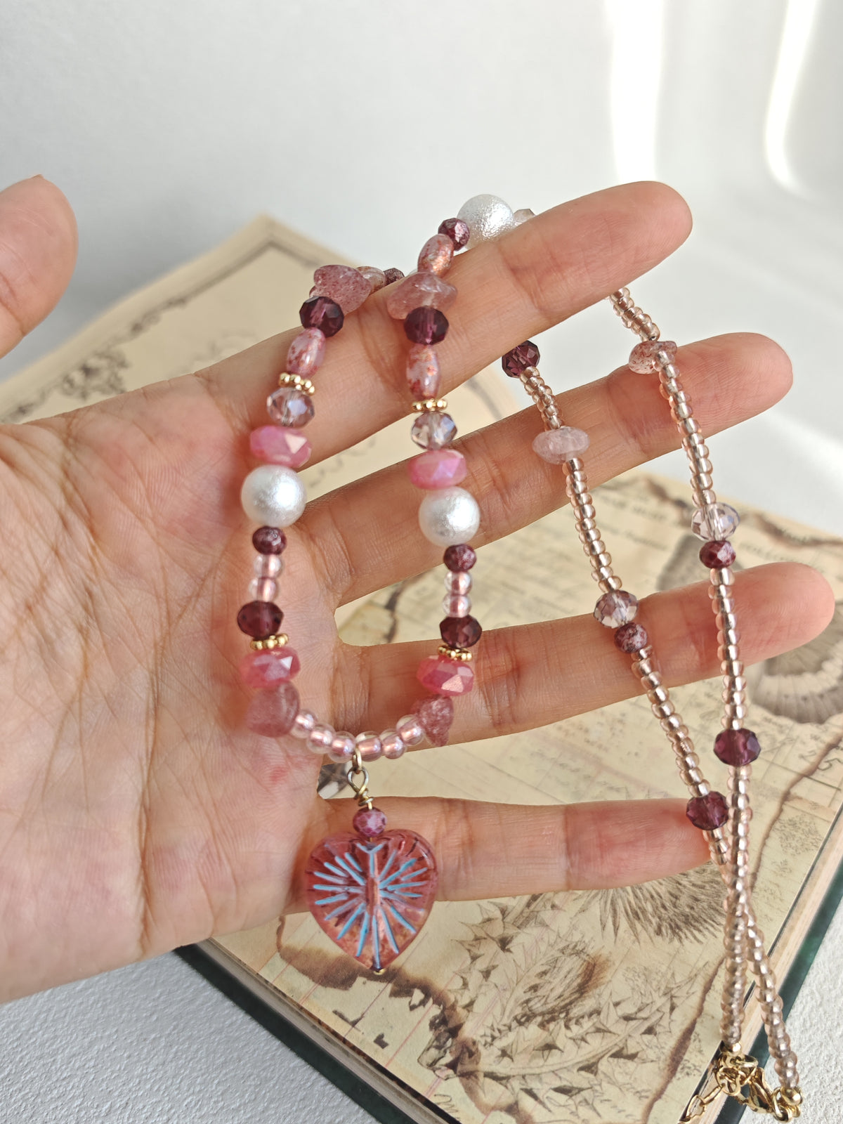 Happie Peppie One of a Kind Handstrung Czech Glass Necklace with Cotton Pearls, Romantic Pink Heart Charm