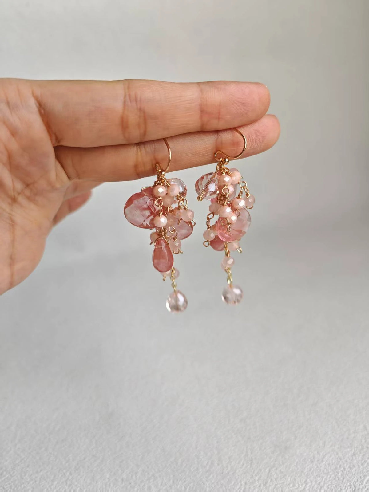 Happie Peppie Natural Pink Quartz Cluster Earrings | Watermelon Quartz & Red Rutilated Crystal Drop Earrings