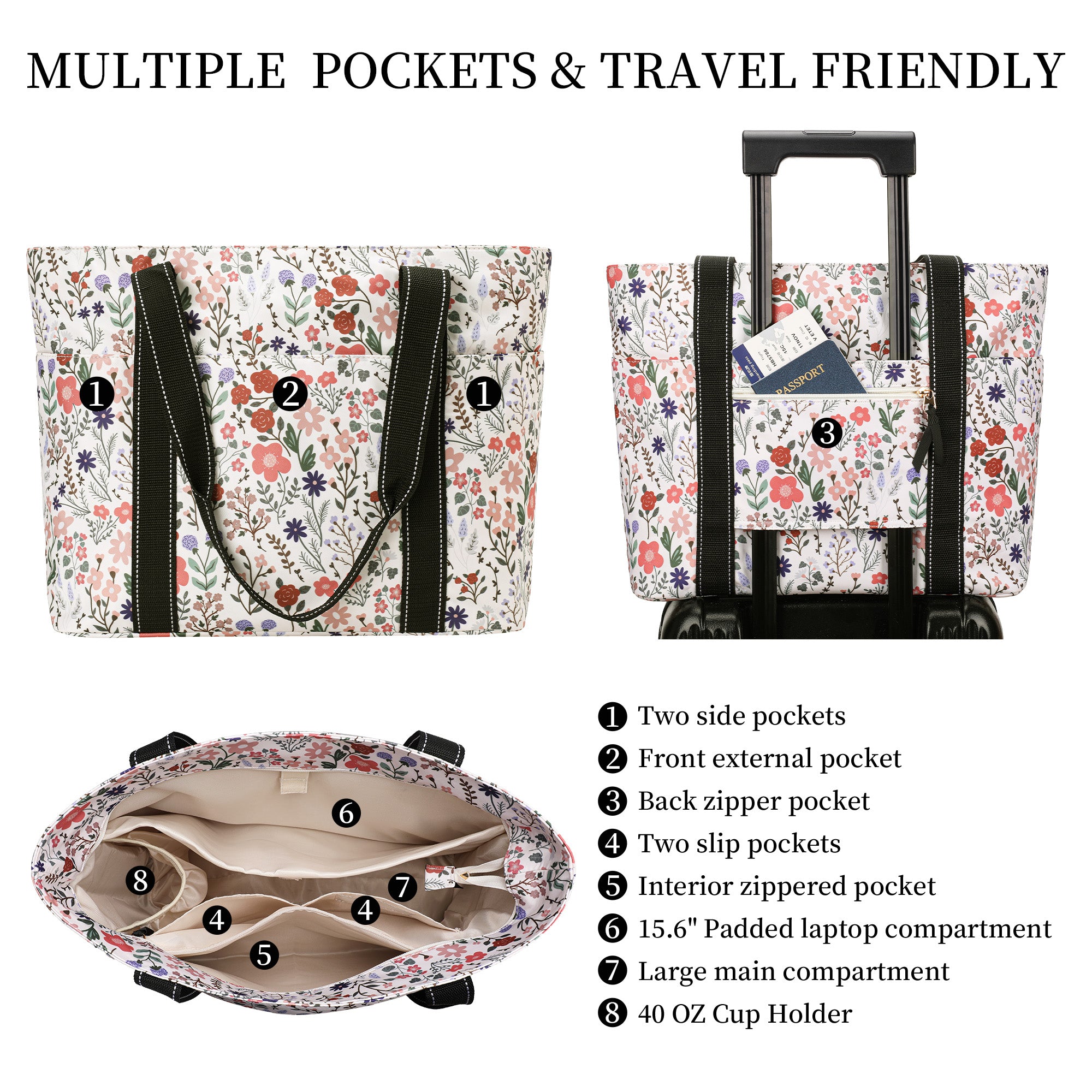 Happie Peppie Tote Bag for Women,Tote Bag with Laptop Compartment and Cup Holder,Shoulder Bag Handbag for Work, Travel, Gym, Nurse Teacher School ,with Multiple Pockets Top Zipper Closure