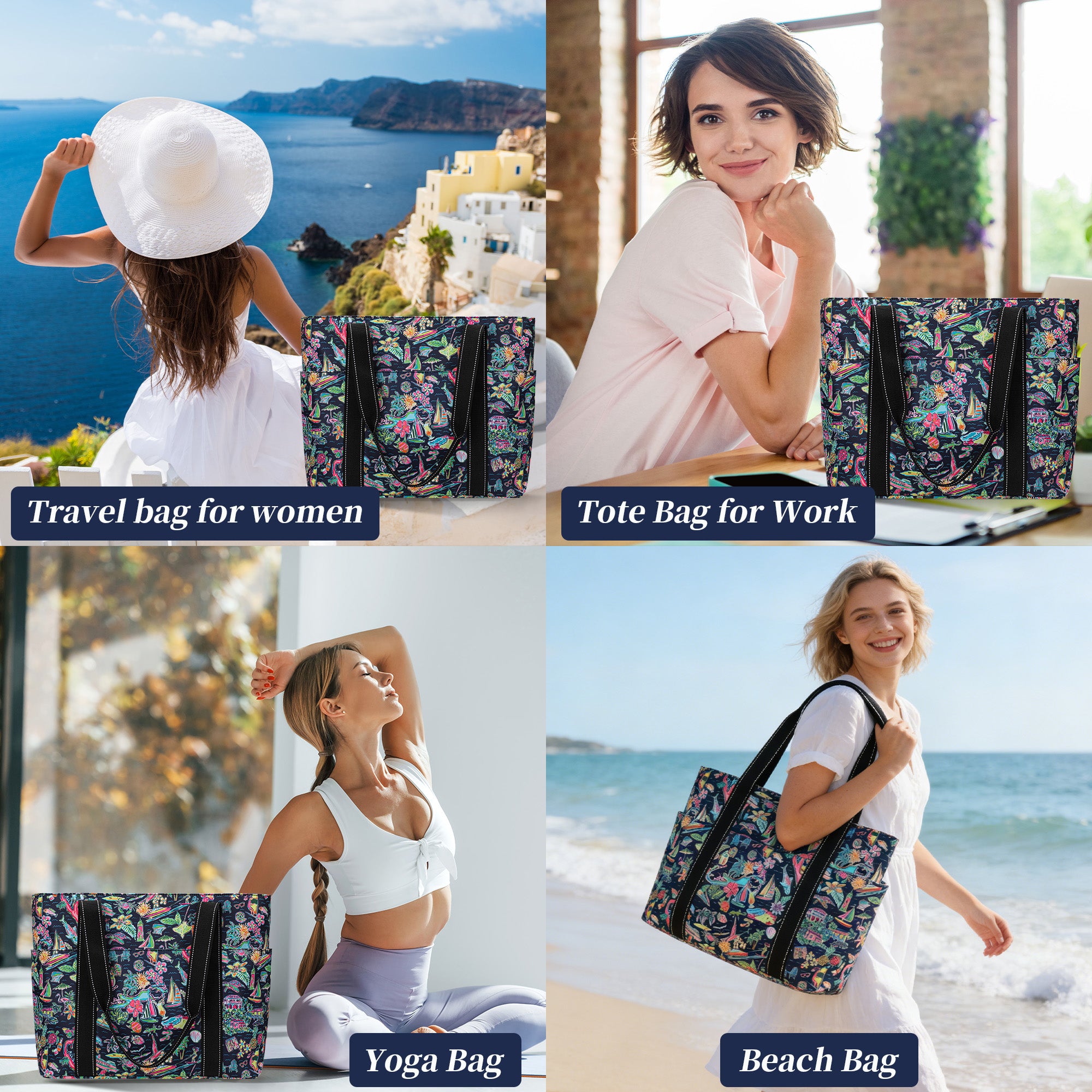 Happie Peppie Tote Bag for Women,Tote Bag with Laptop Compartment and Cup Holder,Shoulder Bag Handbag for Work, Travel, Gym, Nurse Teacher School ,with Multiple Pockets Top Zipper Closure