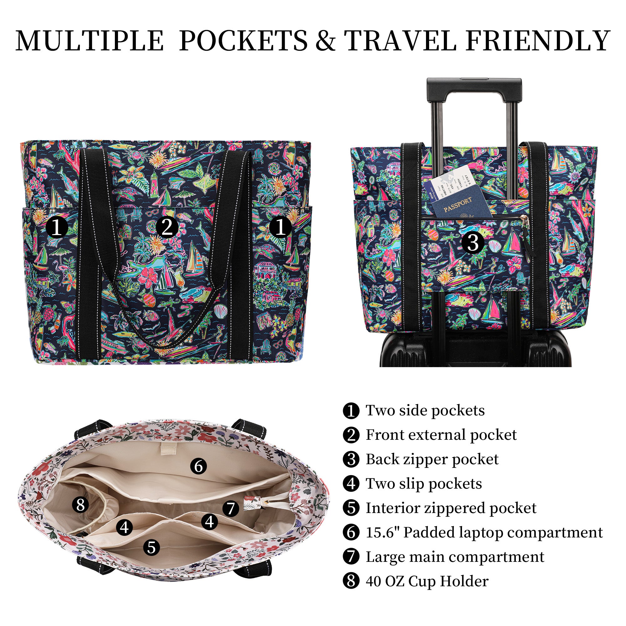 Happie Peppie Tote Bag for Women,Tote Bag with Laptop Compartment and Cup Holder,Shoulder Bag Handbag for Work, Travel, Gym, Nurse Teacher School ,with Multiple Pockets Top Zipper Closure
