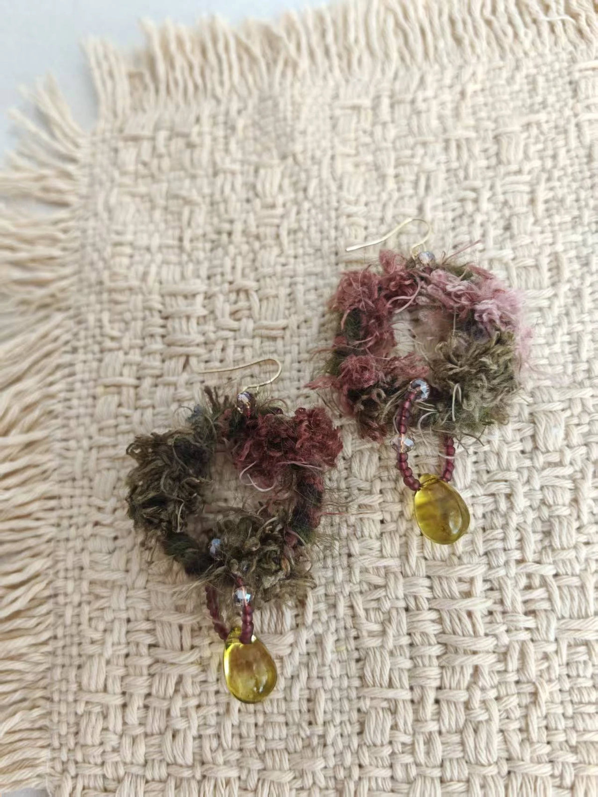 Happie Peppie Fuzzy Yarn Hoop Drop Earrings | Handmade Bohemian Statement Earrings