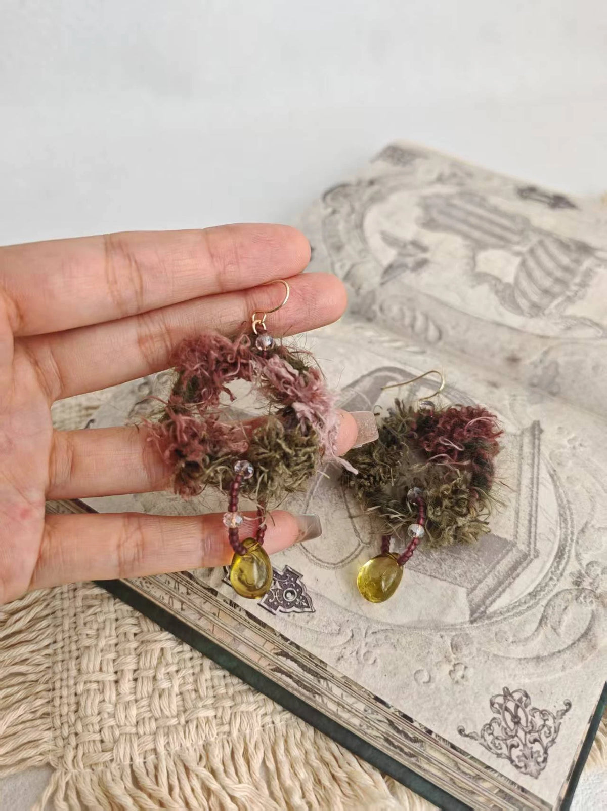 Happie Peppie Fuzzy Yarn Hoop Drop Earrings | Handmade Bohemian Statement Earrings