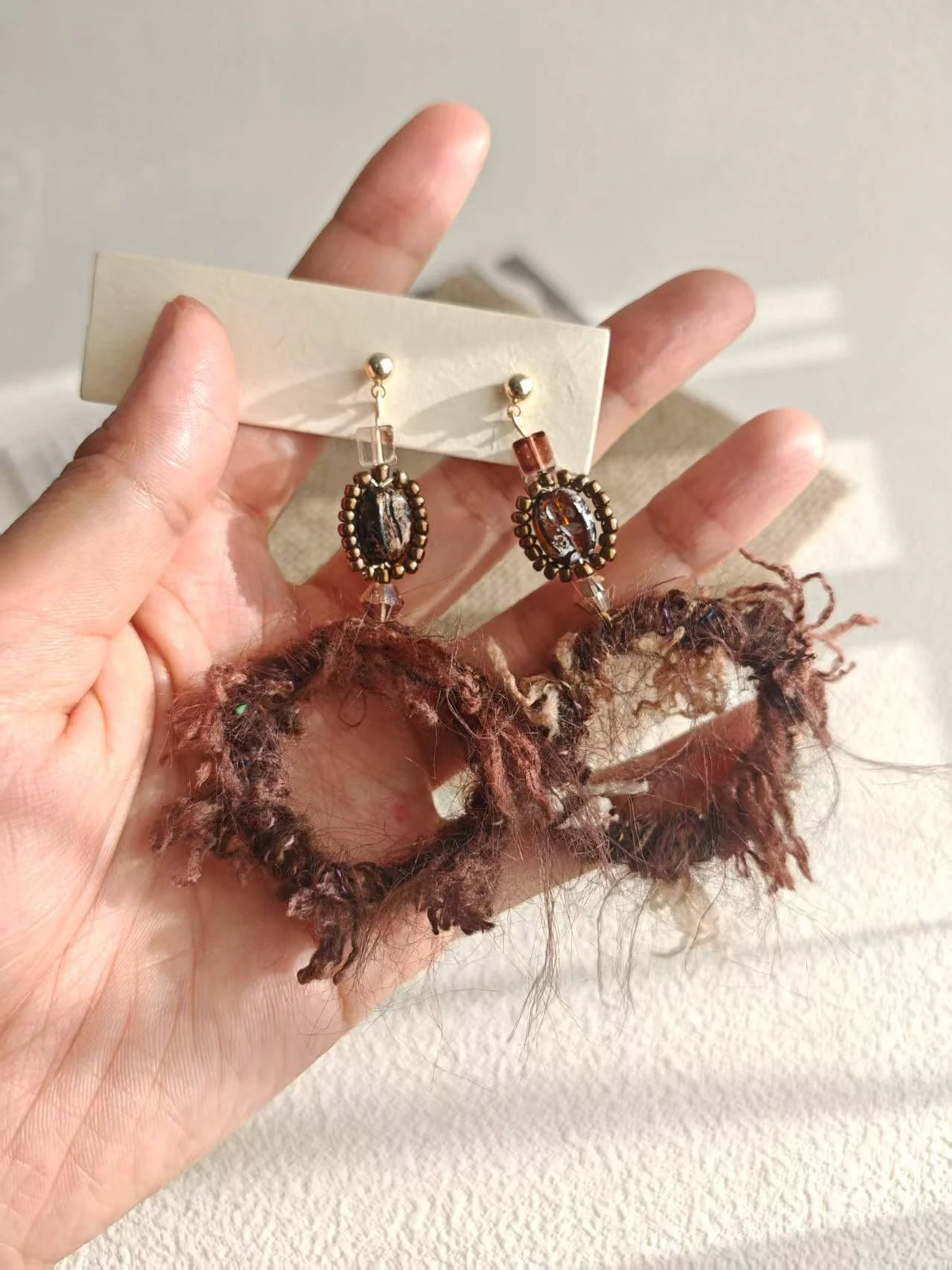 Happie Peppie Mohair Fuzzy Hoop Earrings | Coffee Bean Bead Handmade Drop Earrings