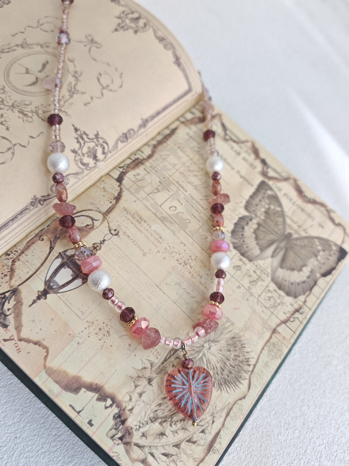 Happie Peppie One of a Kind Handstrung Czech Glass Necklace with Cotton Pearls, Romantic Pink Heart Charm
