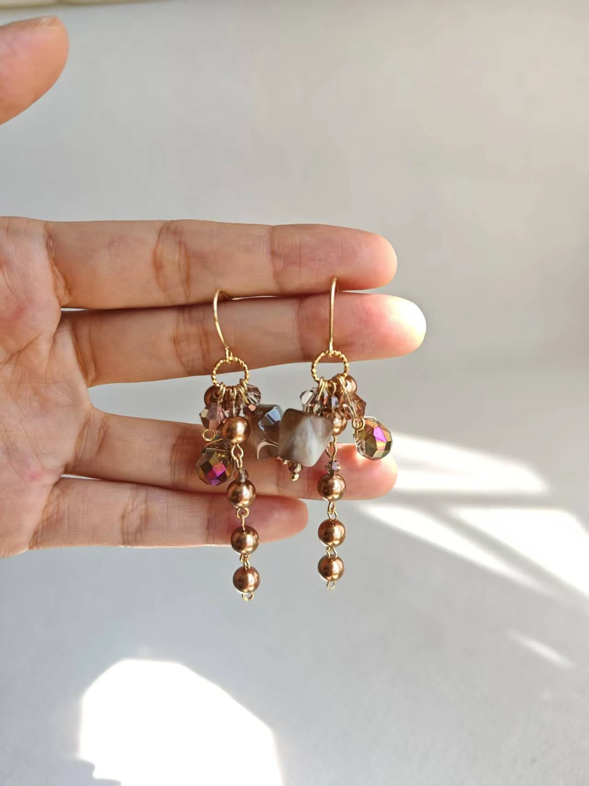 Happie Peppie Vintage Cat's Eye Bead Earrings | Brown Pearl & Glass Crystal Drop Earrings