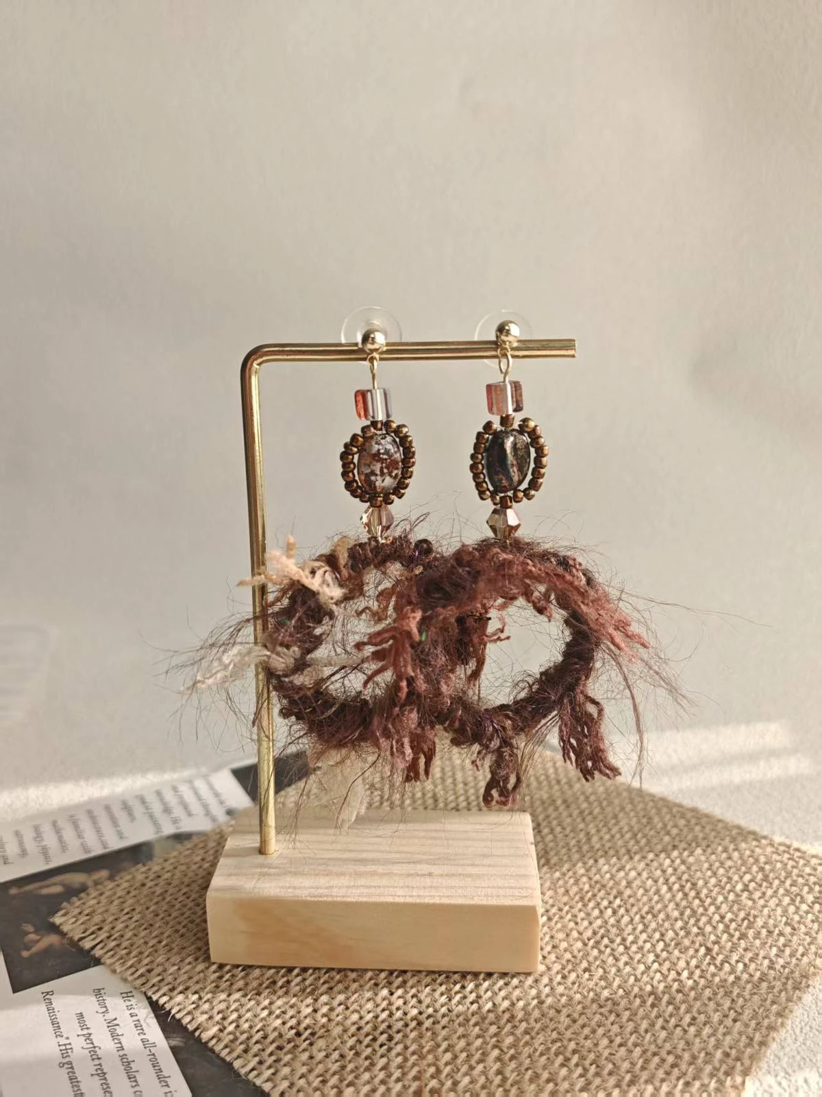 Happie Peppie Mohair Fuzzy Hoop Earrings | Coffee Bean Bead Handmade Drop Earrings