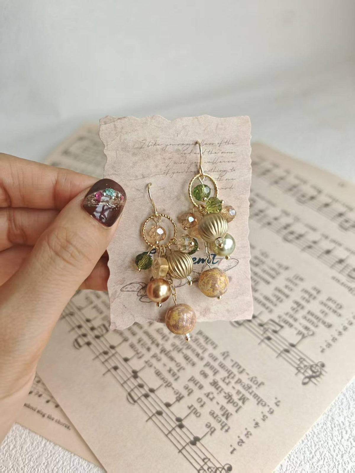 Happie Peppie Vintage Oil Painting Bead Dangle Earrings, Handmade Glass Crystal Pearl Drop Earrings
