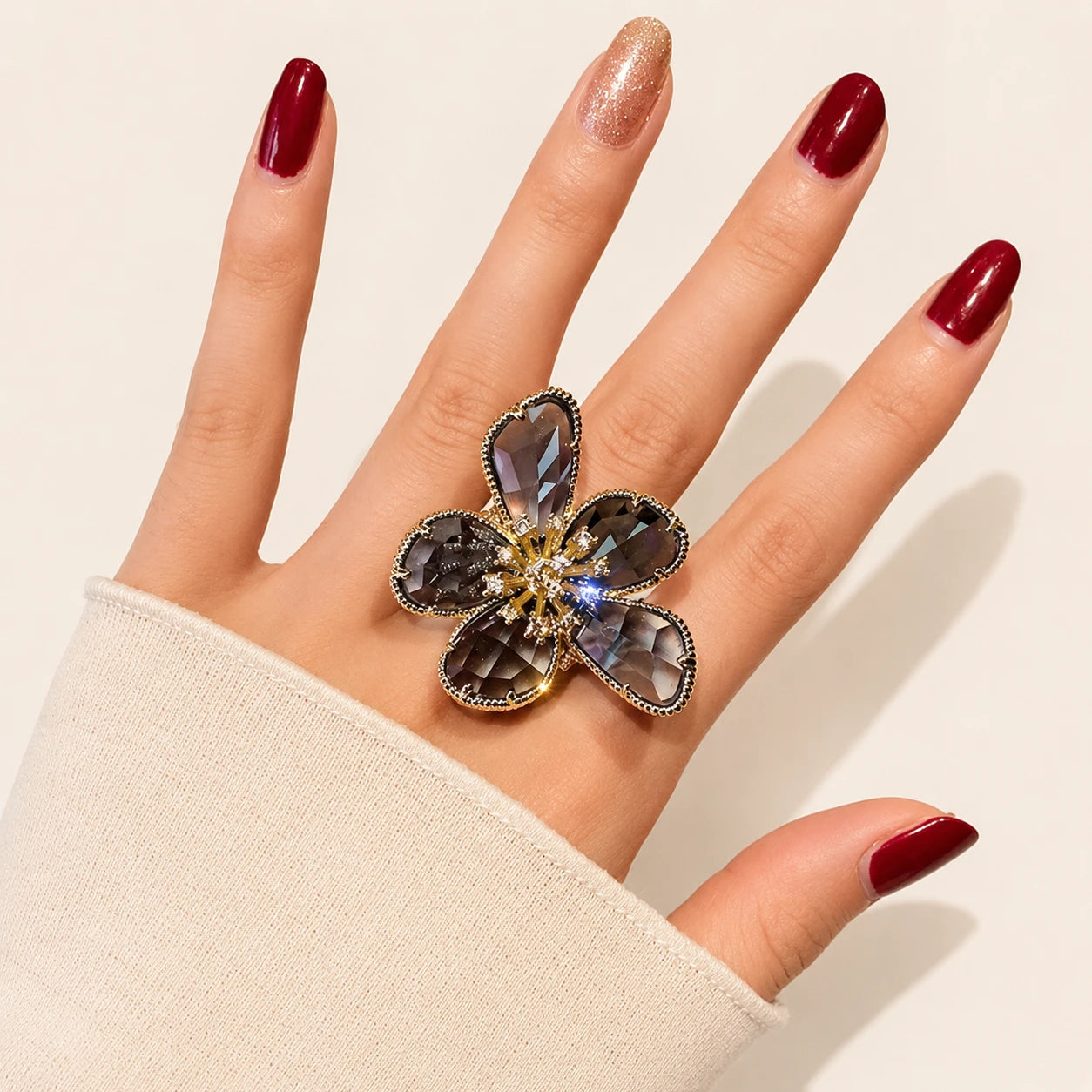 Champagne Gold Floral Crystal Statement Ring