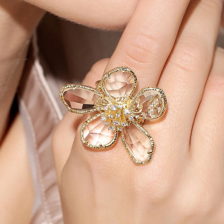 Champagne Gold Floral Crystal Statement Ring