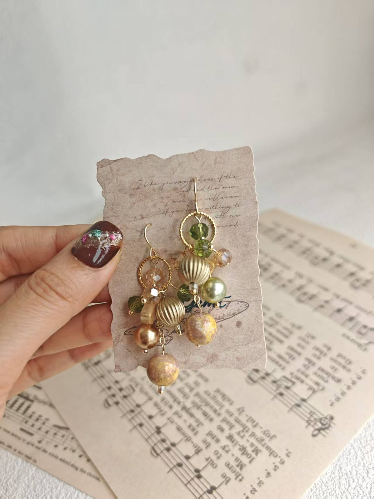 Happie Peppie Vintage Oil Painting Bead Dangle Earrings, Handmade Glass Crystal Pearl Drop Earrings