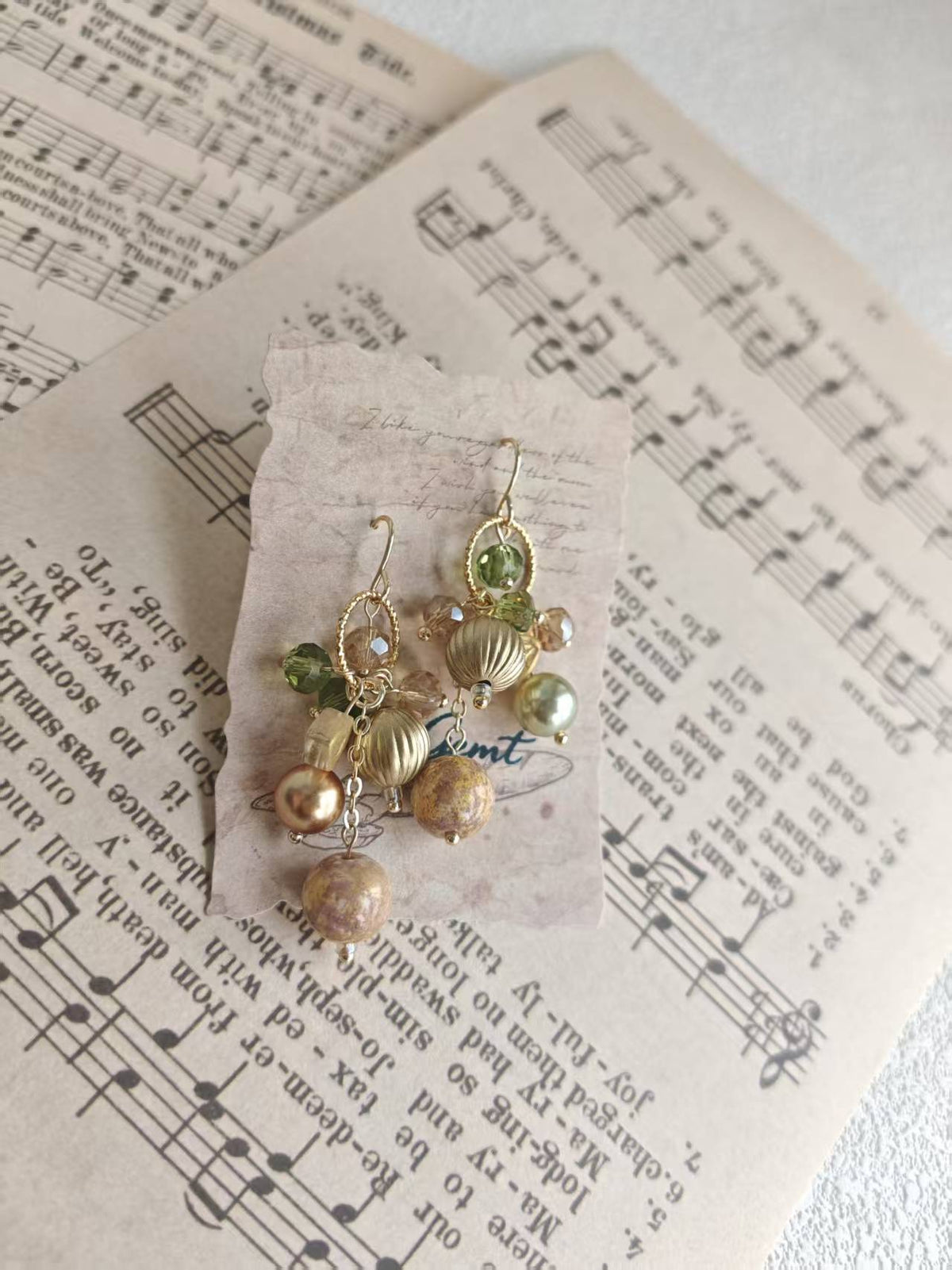 Happie Peppie Vintage Oil Painting Bead Dangle Earrings, Handmade Glass Crystal Pearl Drop Earrings