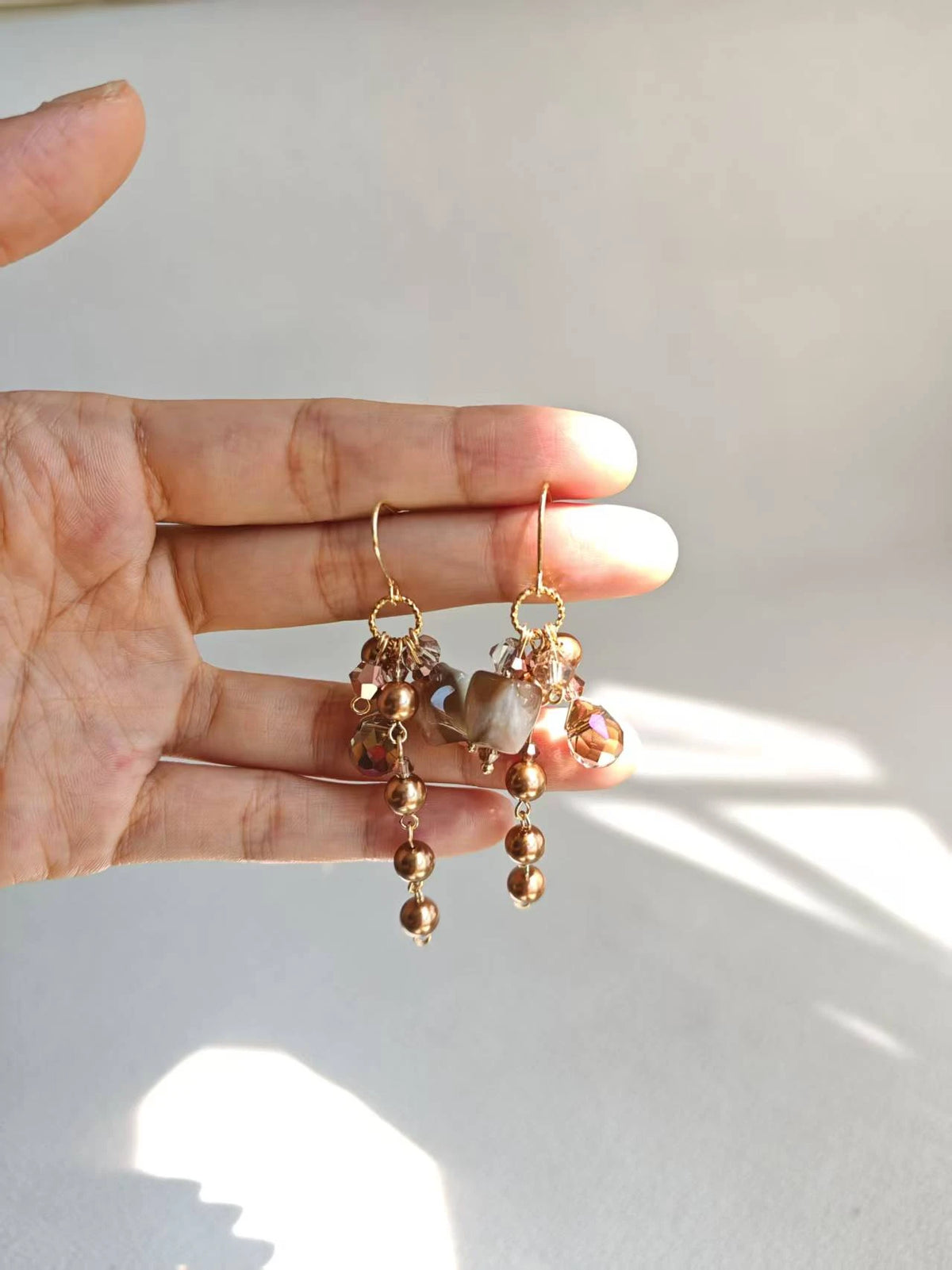 Happie Peppie Vintage Cat's Eye Bead Earrings | Brown Pearl & Glass Crystal Drop Earrings