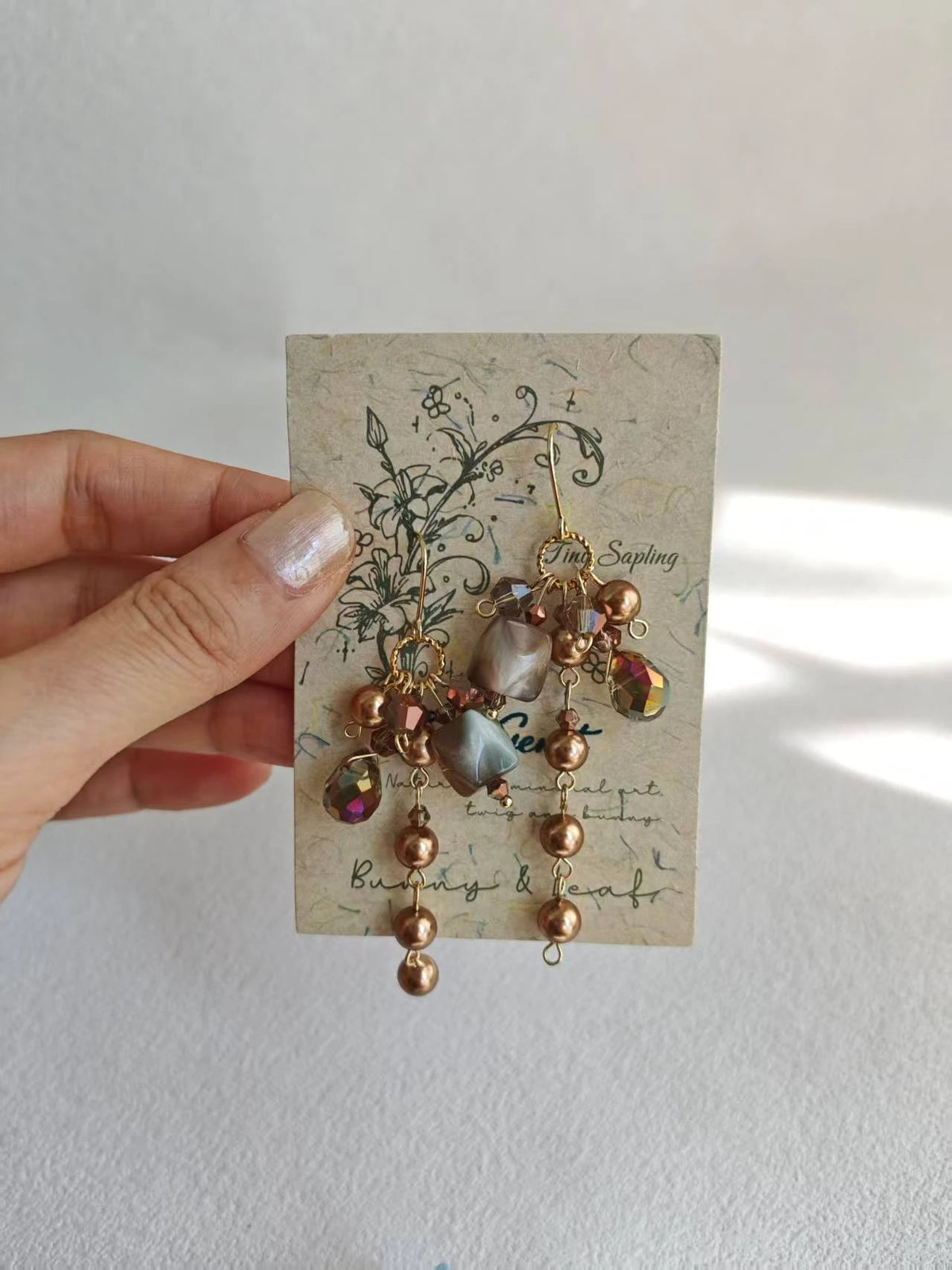 Happie Peppie Vintage Cat's Eye Bead Earrings | Brown Pearl & Glass Crystal Drop Earrings