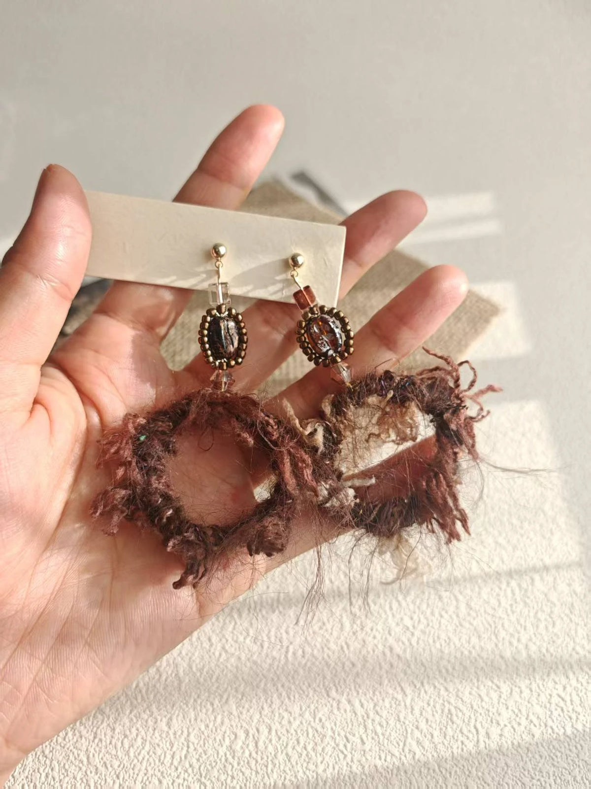 Happie Peppie Mohair Fuzzy Hoop Earrings | Coffee Bean Bead Handmade Drop Earrings