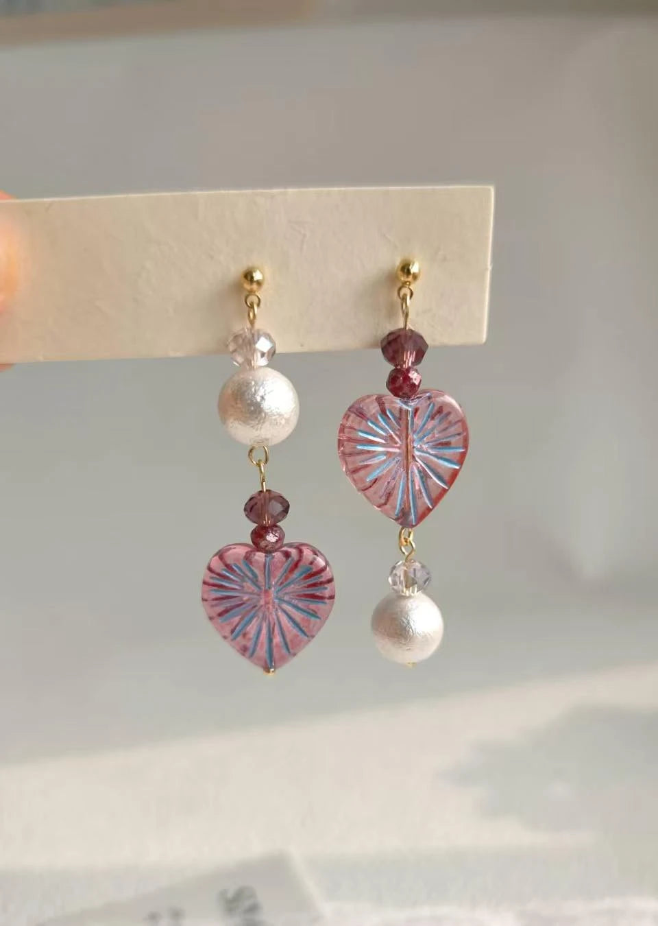 Happie Peppie Asymmetric Heart Dangle Earrings, Handmade Czech Glass & Cotton Pearl Drop Earrings for Women