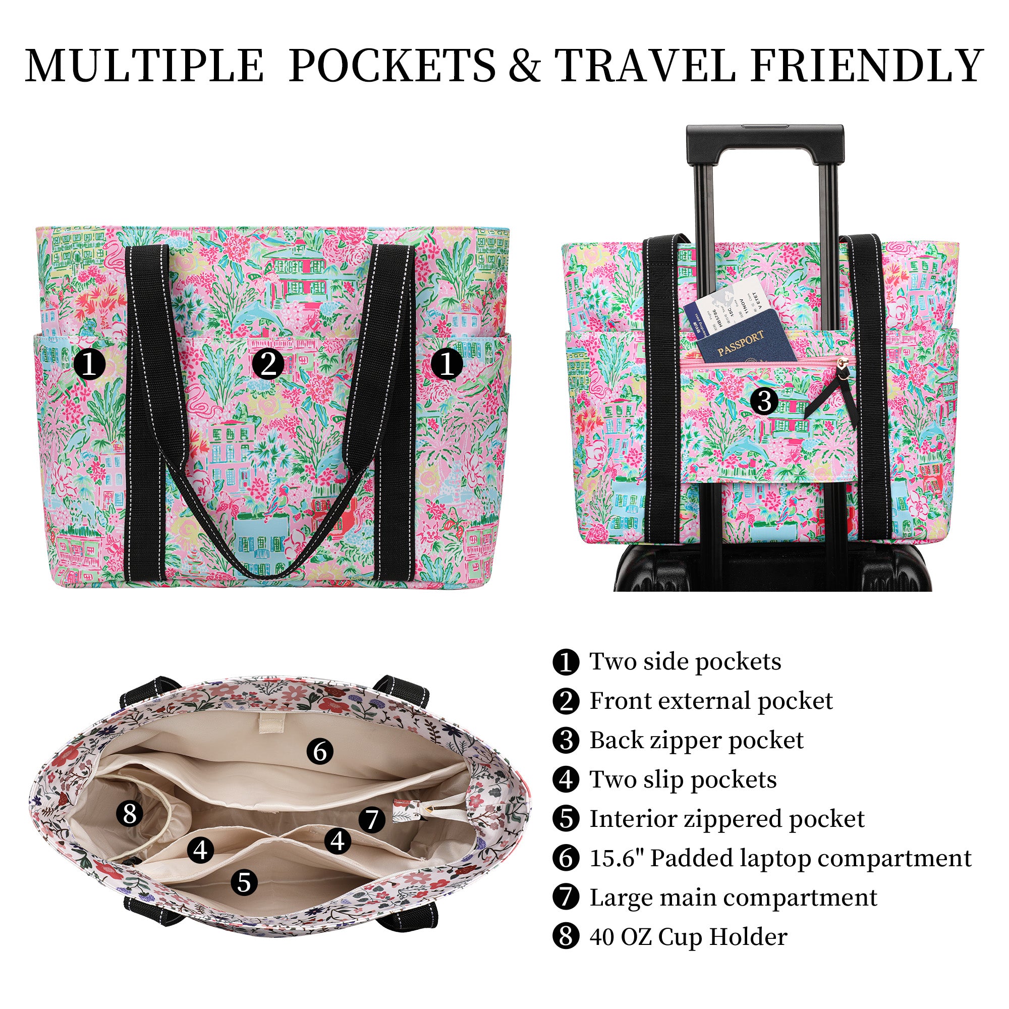 Happie Peppie Tote Bag for Women,Tote Bag with Laptop Compartment and Cup Holder,Shoulder Bag Handbag for Work, Travel, Gym, Nurse Teacher School ,with Multiple Pockets Top Zipper Closure