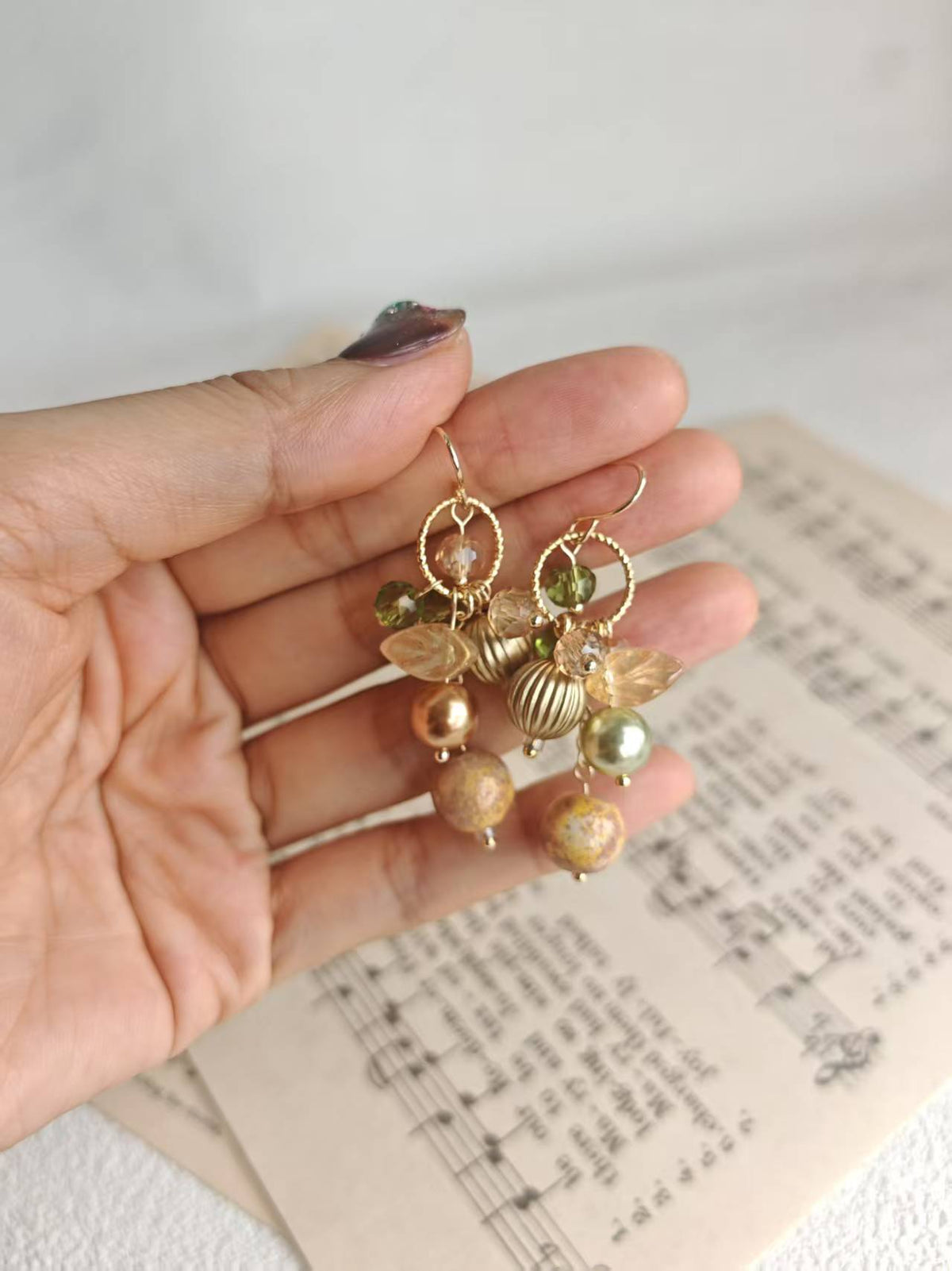 Happie Peppie Vintage Oil Painting Bead Dangle Earrings, Handmade Glass Crystal Pearl Drop Earrings