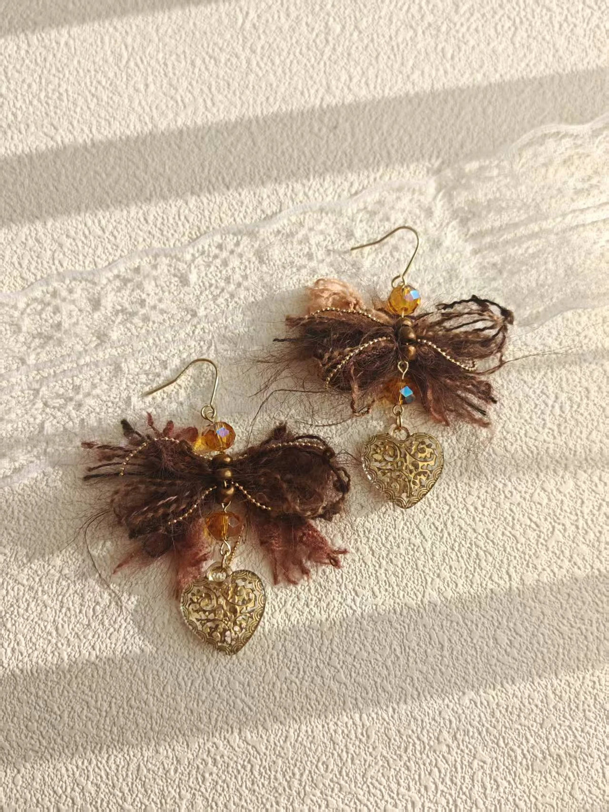 Vintage Yarn Bow Dangle Earrings | Hollow Heart Metal Charms Amber Crystal Drop Earrings, 925 Sterling Silver Hooks（Custom order）