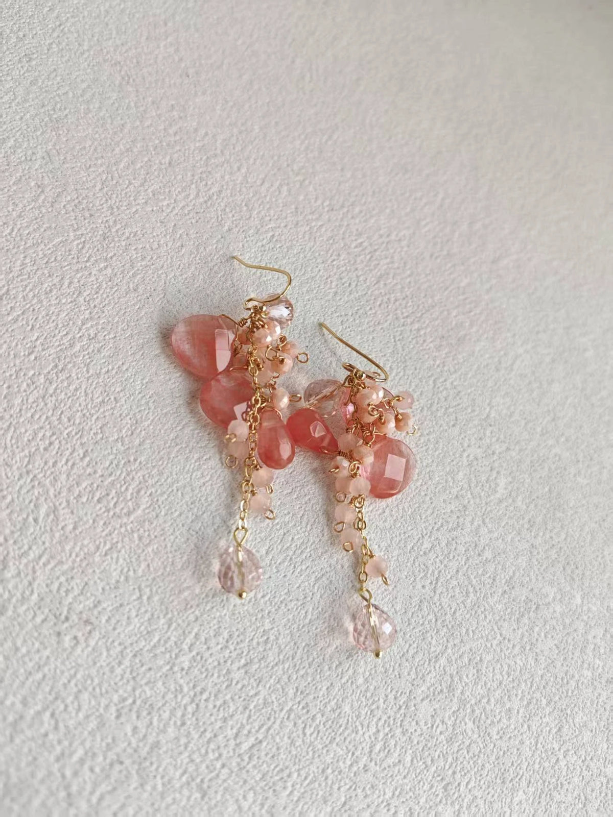 Happie Peppie  Natural Pink Quartz Cluster Earrings | Watermelon Quartz & Red Rutilated Crystal Drop Earrings