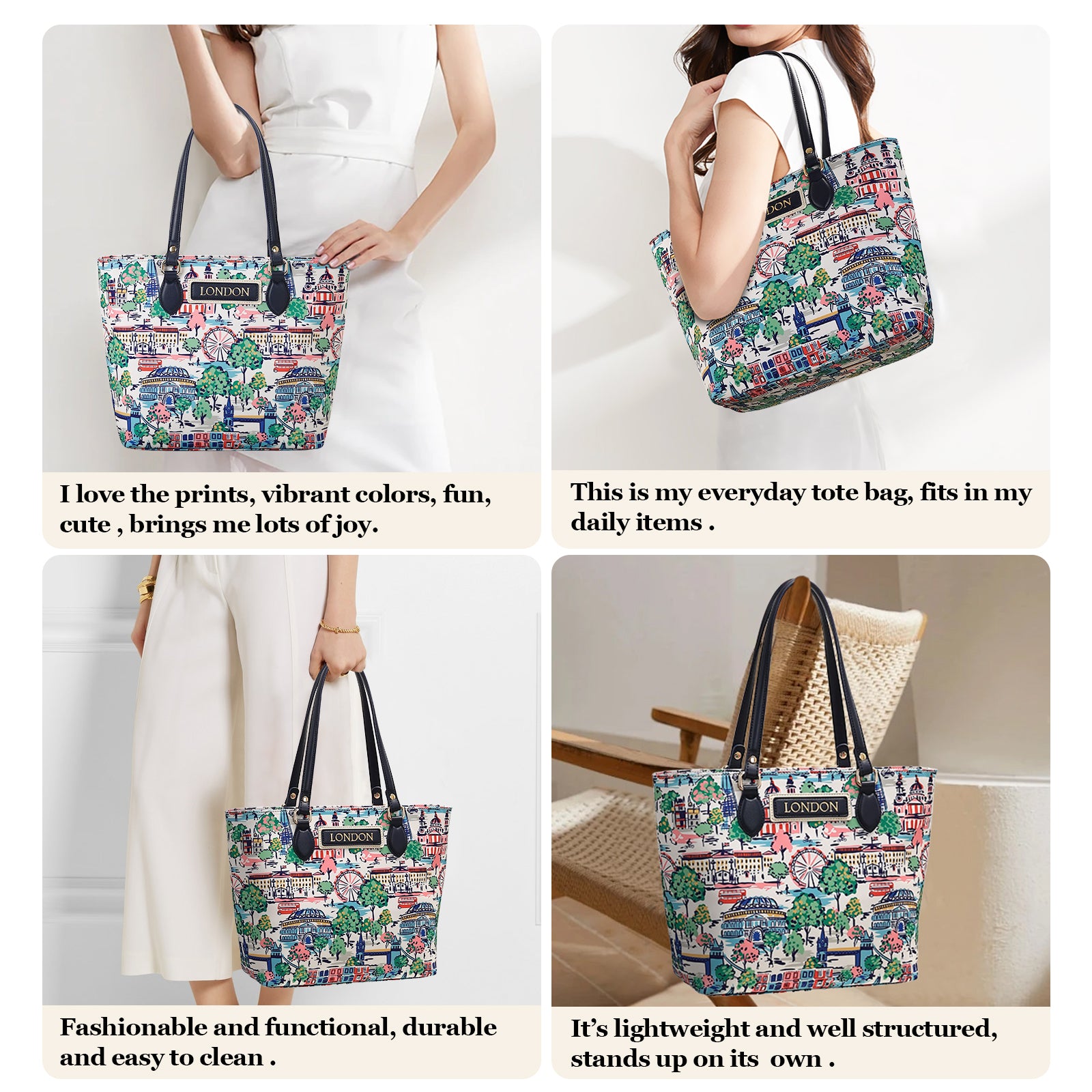 Cutie Kittie Tote bags for women, tote purse, nylon tote bag, with zipper and pockets, waterproof, lightweight，London