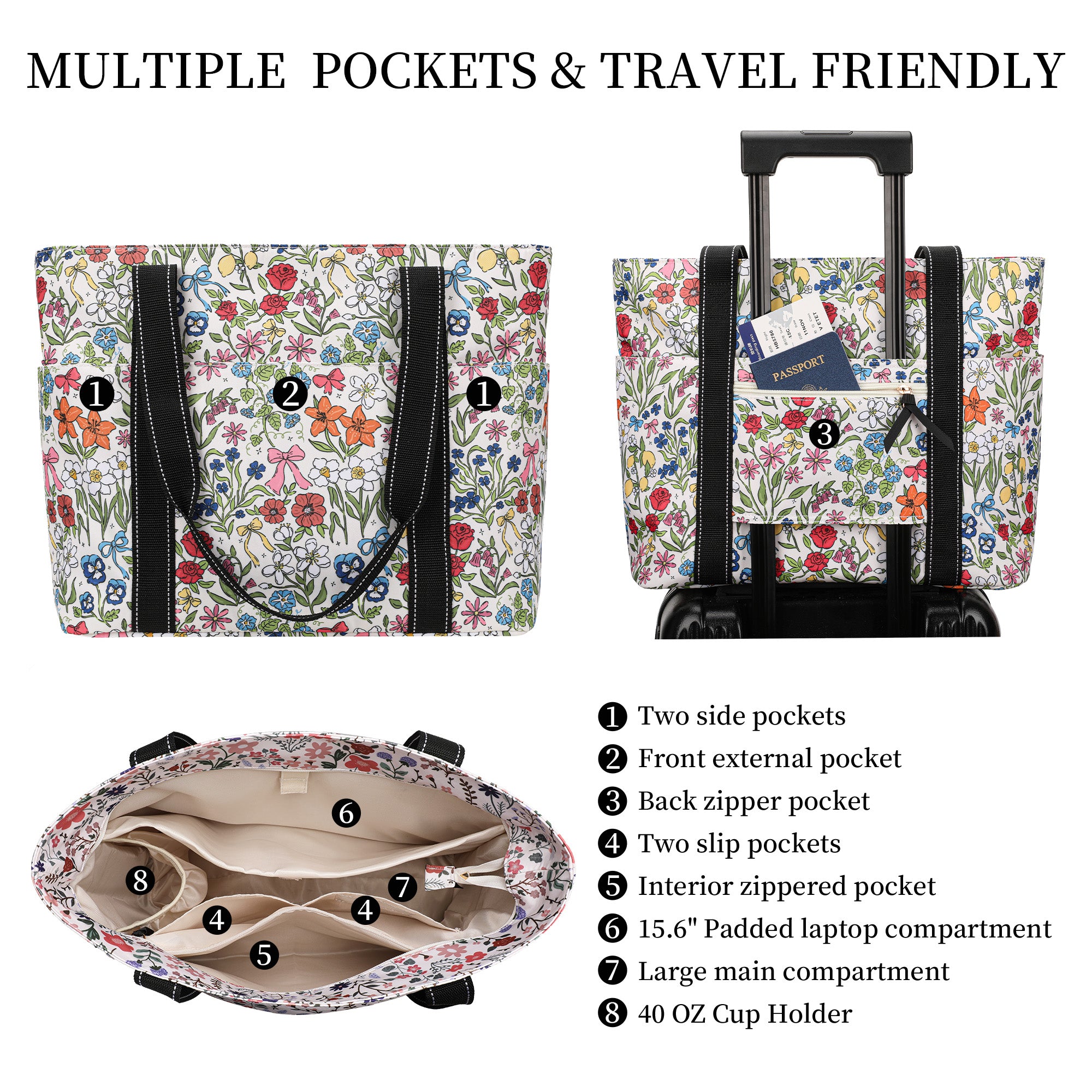 Happie Peppie Tote Bag for Women,Tote Bag with Laptop Compartment and Cup Holder,Shoulder Bag Handbag for Work, Travel, Gym, Nurse Teacher School ,with Multiple Pockets Top Zipper Closure