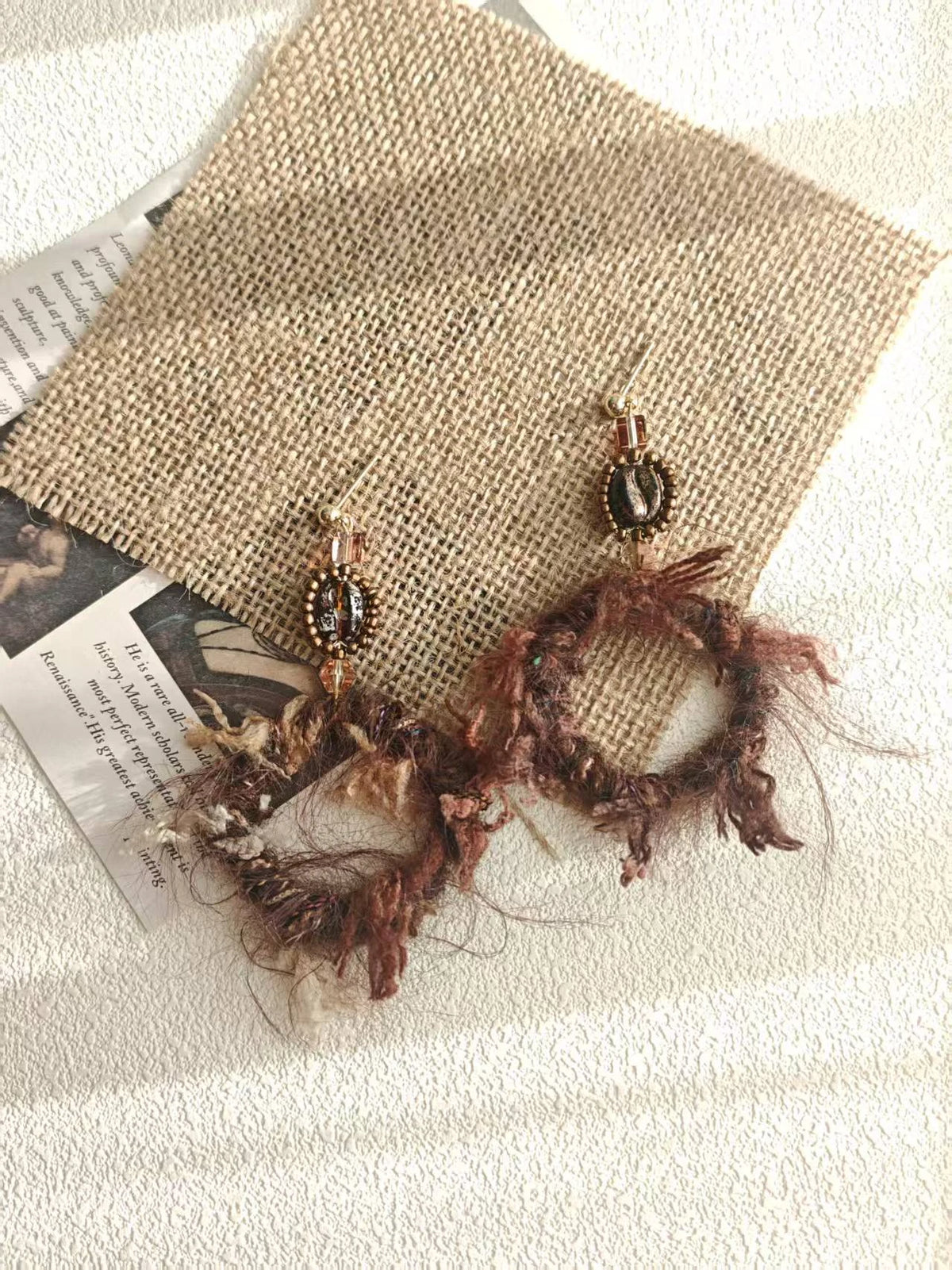 Happie Peppie Mohair Fuzzy Hoop Earrings | Coffee Bean Bead Handmade Drop Earrings
