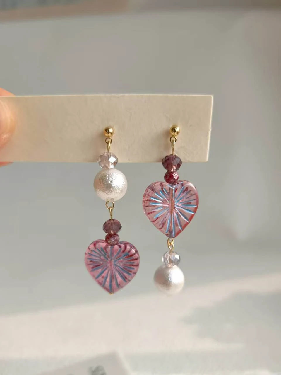 Happie Peppie Asymmetric Heart Dangle Earrings, Handmade Czech Glass & Cotton Pearl Drop Earrings for Women